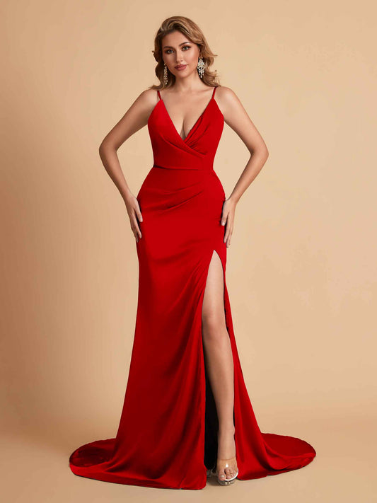 Elegant Satin Spaghetti Straps V-Neck Mermaid Side Slit Floor Length Bridesmaid Dresses