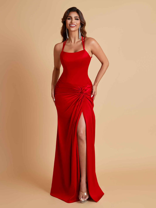 Gorgeous Square Criss Cross Soft Satin Side Slit Floor-Length Mermaid Bridesmaid Dresses