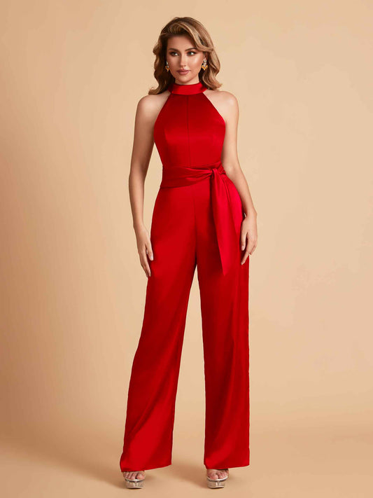 Elegant Satin Halter Sleeveless Satin Floor Length Bridesmaid Jumpsuit