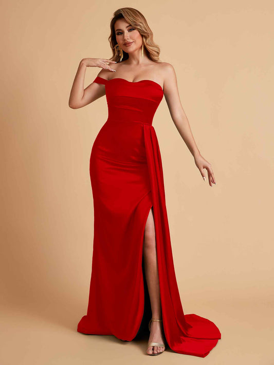 Sexy One-Shoulder Sweetheart With Train With High Split Floor-Length Bridesmaid Dresses