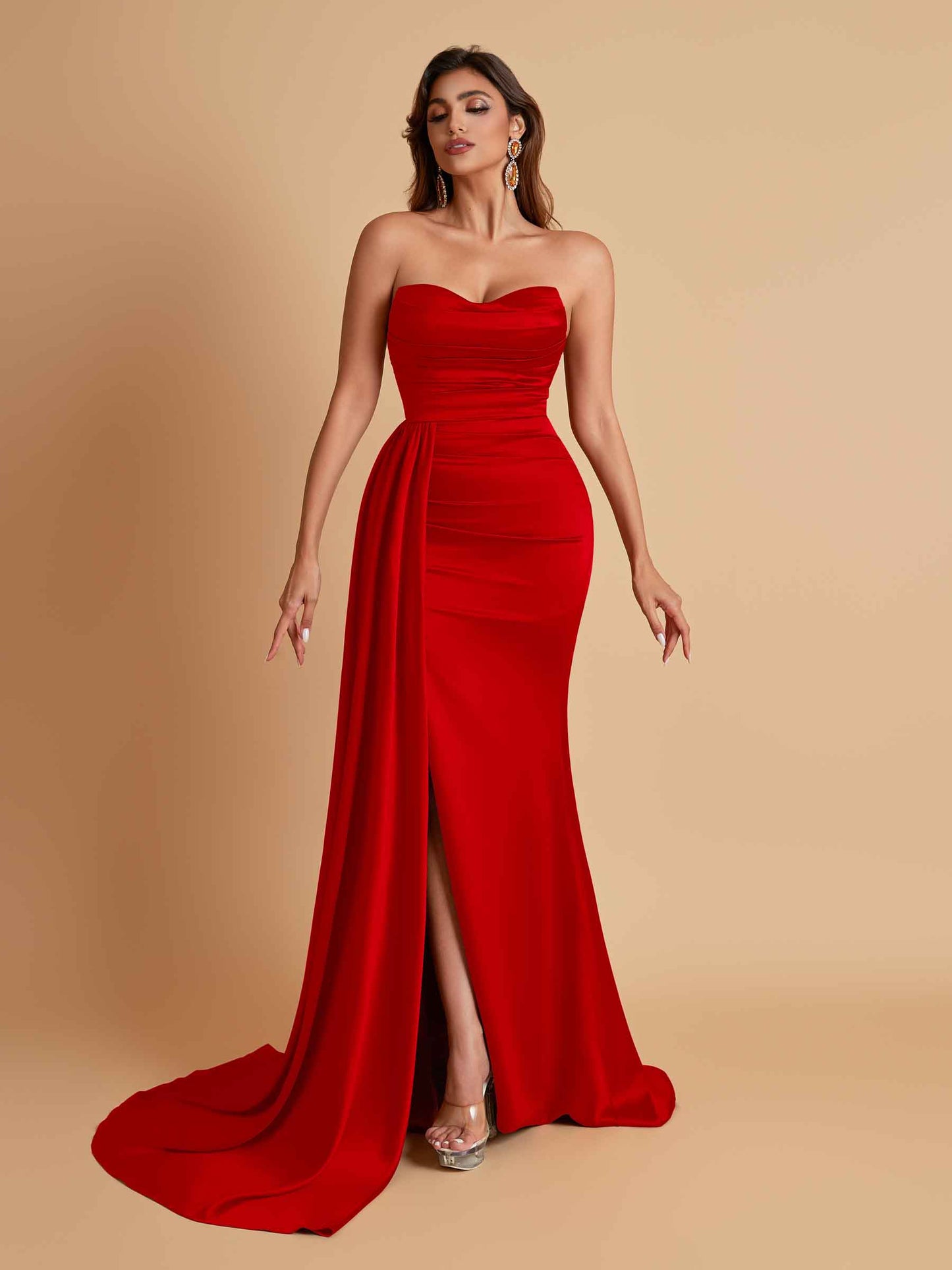 Elegant Soft Satin Sweetheart Strapless Side-Slit Mermaid Bridesmaid Dresses