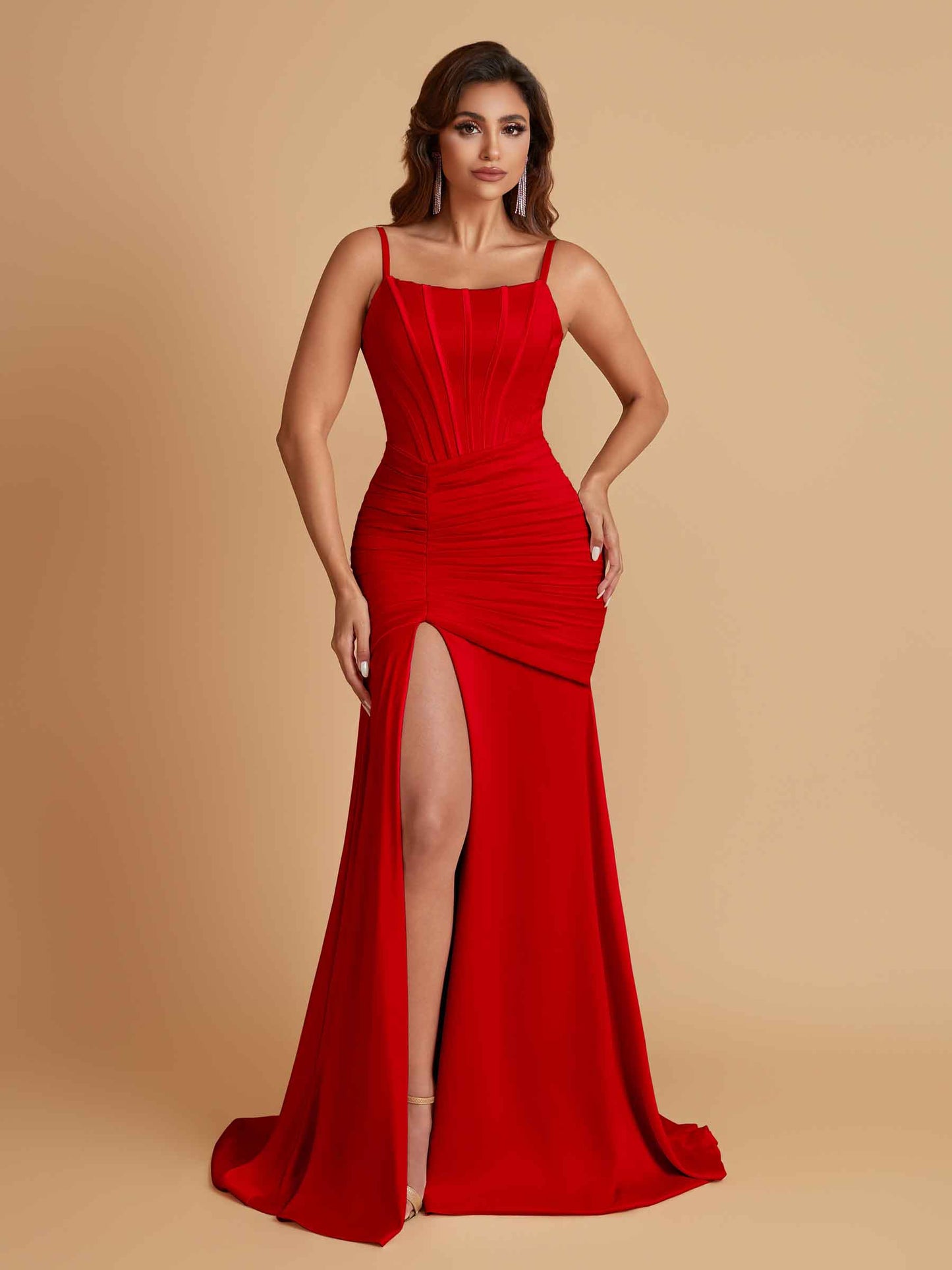 Sexy Soft Satin Mermaid Spaghetti Straps Side Slit Floor-Length Bridesmaid Dresses