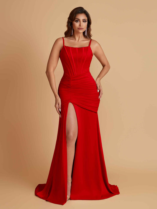 Sexy Soft Satin Mermaid Spaghetti Straps Side Slit Floor-Length Bridesmaid Dresses