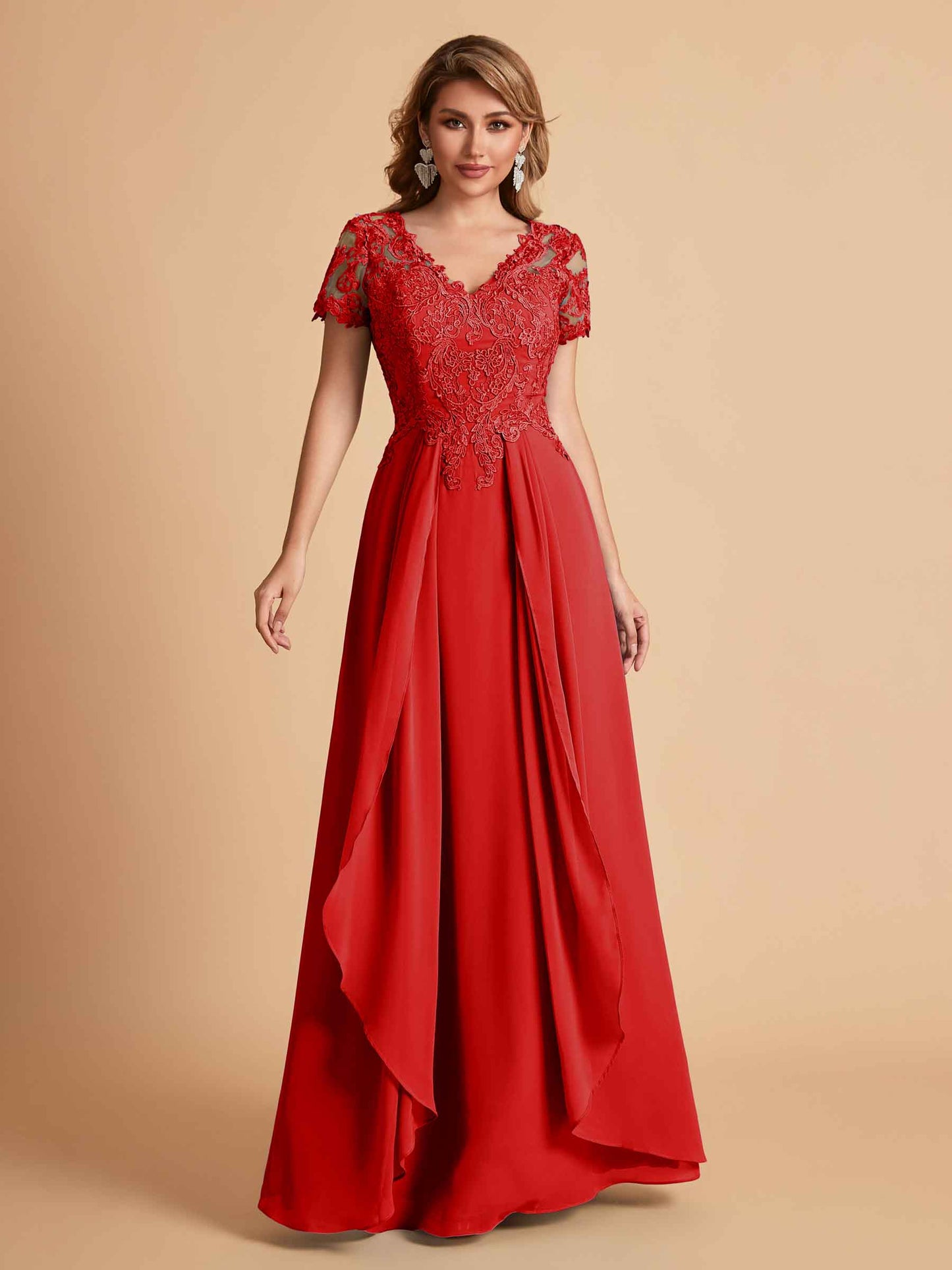Elegant A-Line Chiffon Short Sleeves V-neck Mother of the Brides Dresses Lace Top MOB Dresses