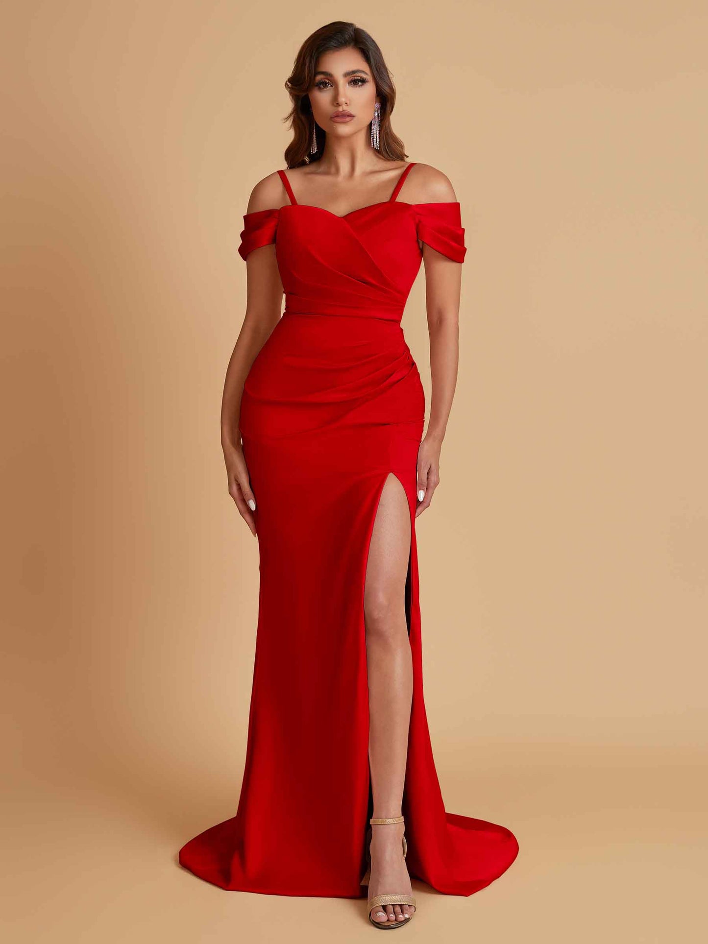 Sexy Soft Satin Mermaid Cold Shoulder Side Slit Floor-Length Bridesmaid Dresses Online