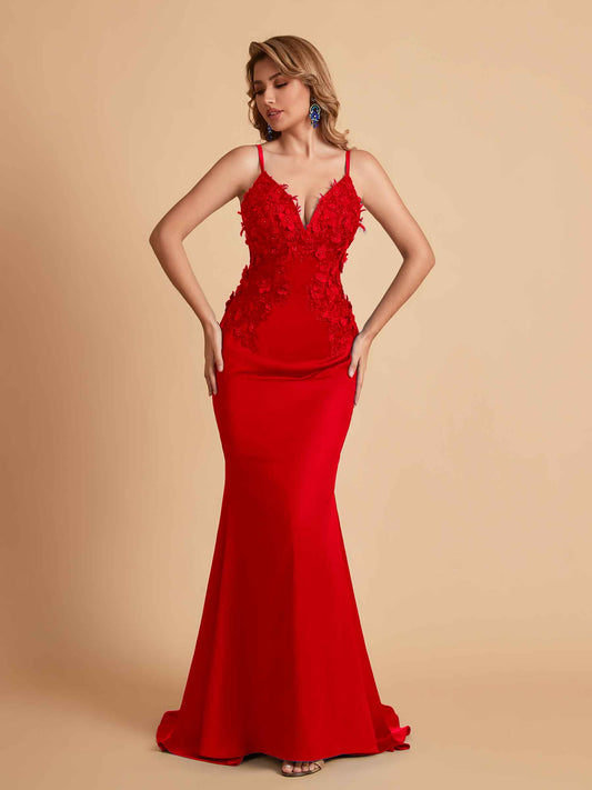 Sexy Satin Spaghetti Straps V-neck Mermaid Floor Length Applique Bridesmaid Dresses