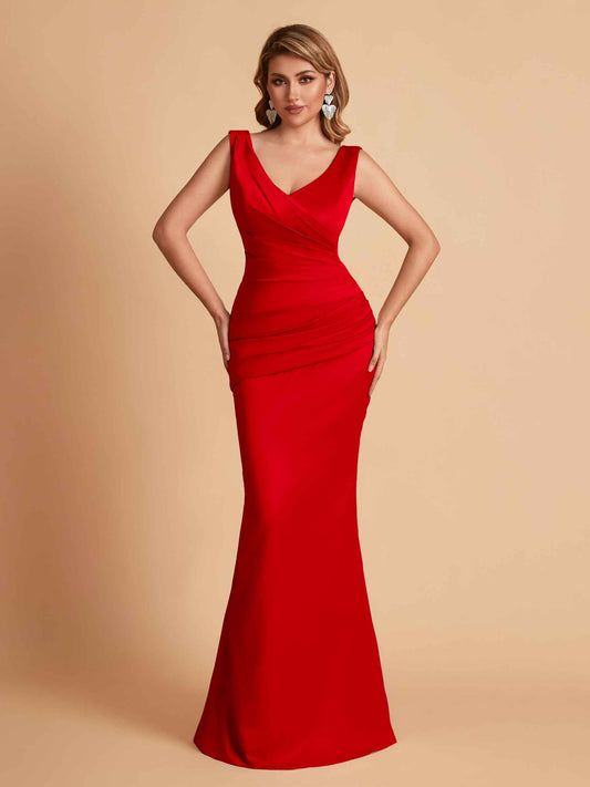 Elegant Satin V-neck Sleeveless Mermaid Floor Length Bridesmaid Dresses
