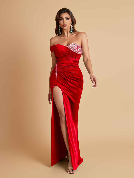 Sexy Soft Satin Mermaid One Shoulder Side Slit Floor-Length Mermaid Bridesmaid Dresses