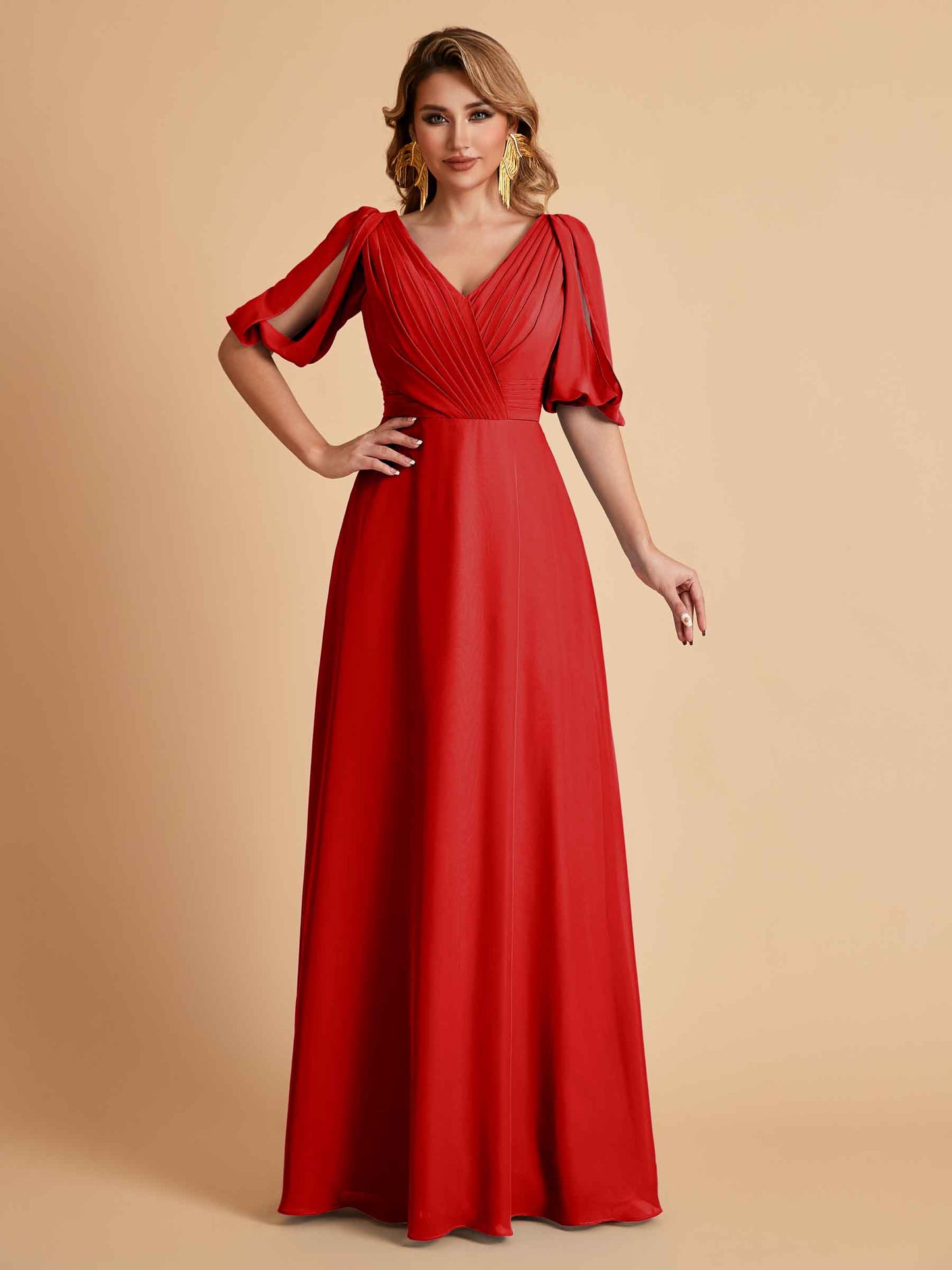 Elegant A-Line Chiffon Half Sleeves V-Neck Mother of the Brides Dresses Online