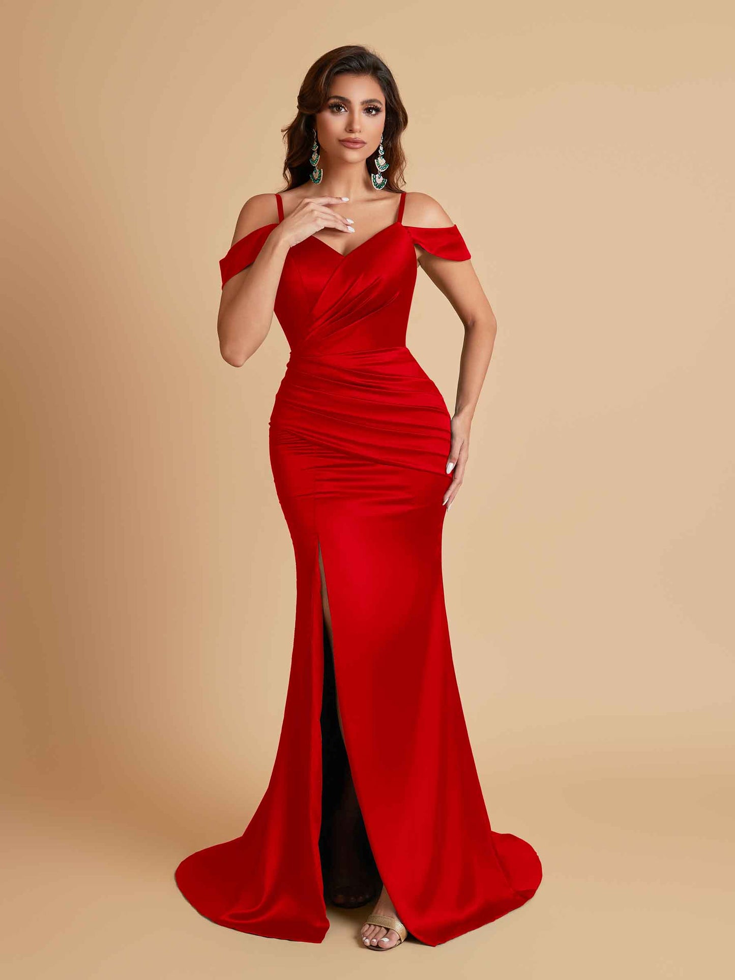 Sexy Soft Satin Mermaid Off Shoulder Side Slit Floor-Length Mermaid Bridesmaid Dresses