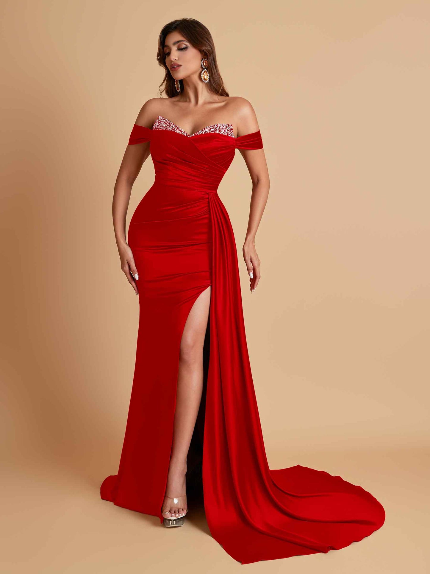 Gorgeous Soft Satin V-neck Off-the-Shoulder Side-Slit Mermaid Bridesmaid Dresses