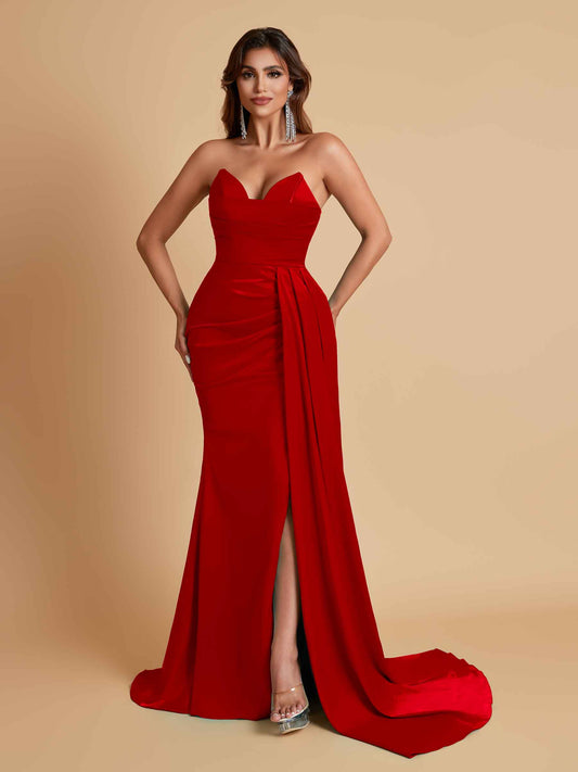 Gorgeous Strapless Soft Satin Side Slit Floor-Length Mermaid Bridesmaid Dresses