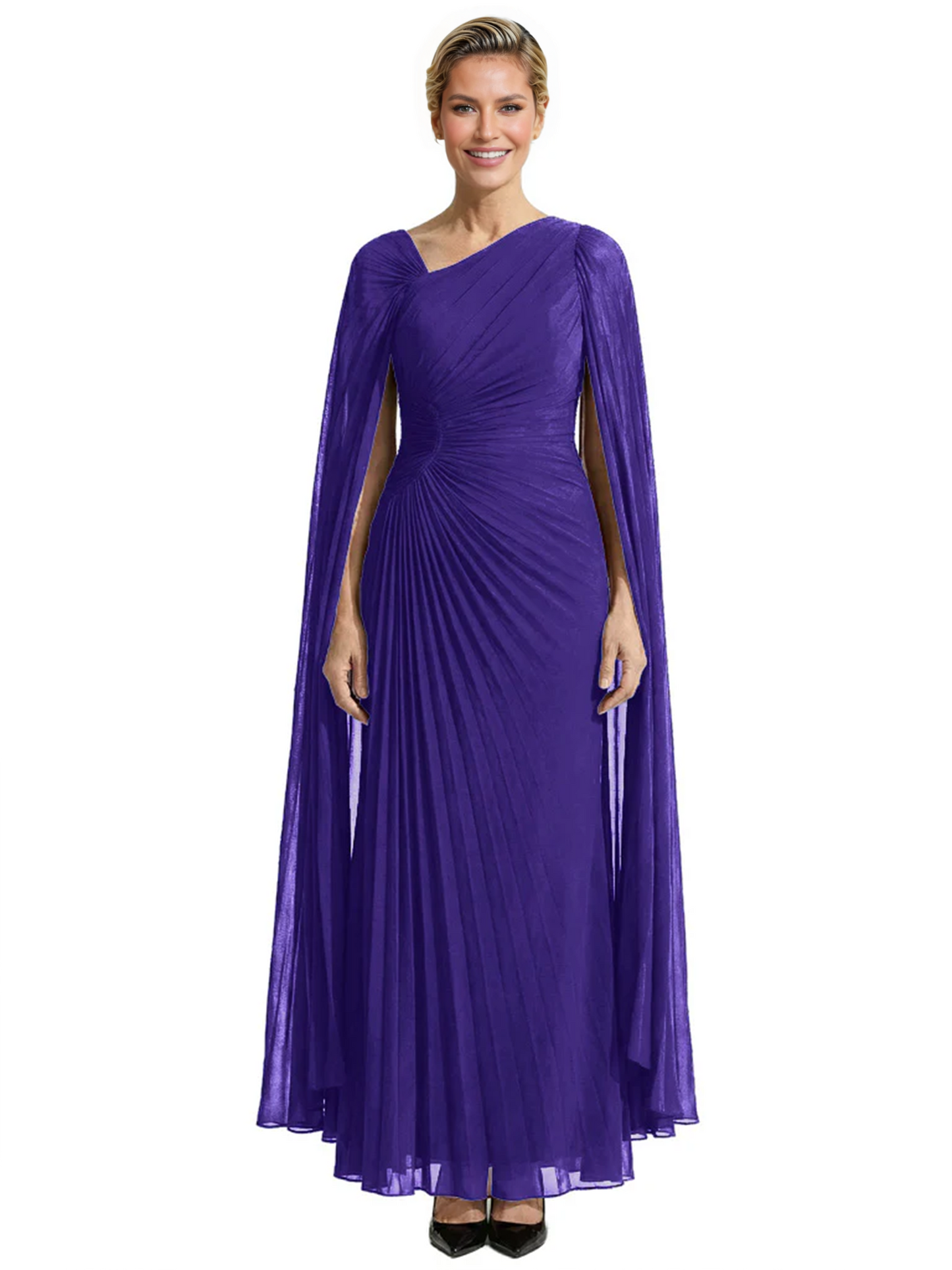 Elegant Asymmetric Neck Long A-Line Chiffon Mother of the Brides Dresses Mom Outfit with Cape