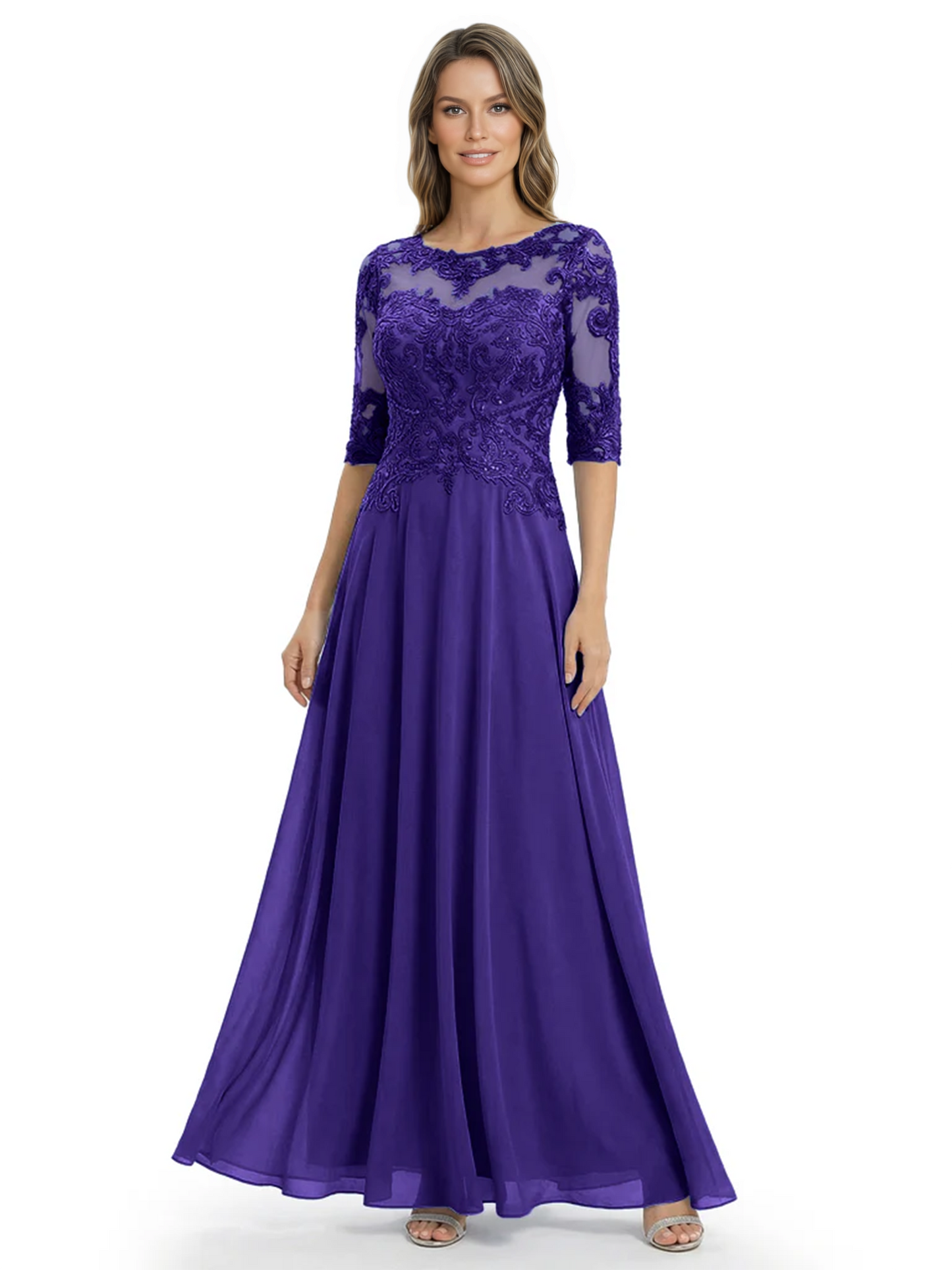 Illusion Neck Mother of the Bride Dress Half Sleeve Lace Applique Gowns Chiffon