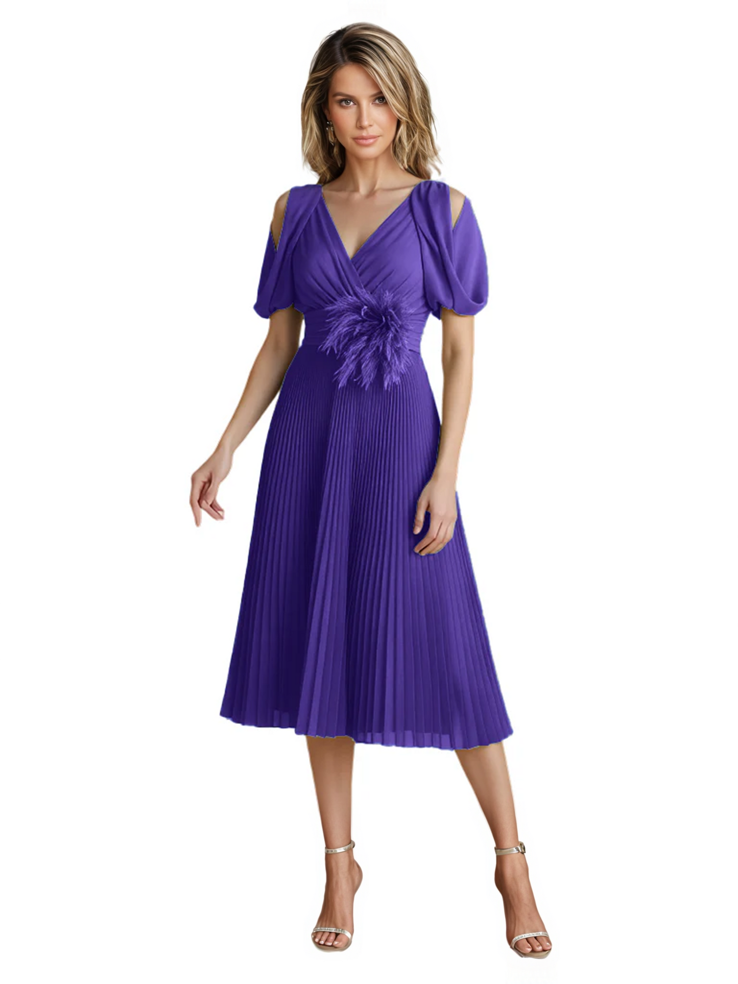 Wedding Formal Dress V-Neck Pleated Chiffon Gown with 3D Flower Accent Knee Length
