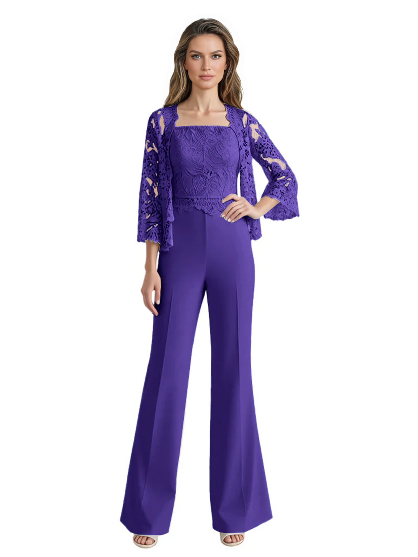 Mother of the Bride Jumpsuit with Lace Jacket 3/4 Sleeve Formal Pant Suit