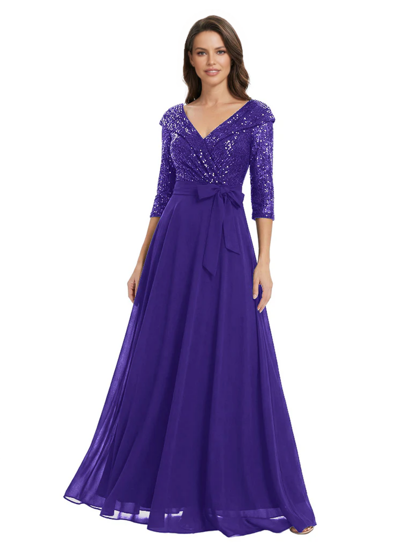 Chiffon Mother of the Bride Dress with Sequin V-Neck and Elegant Bow Sash