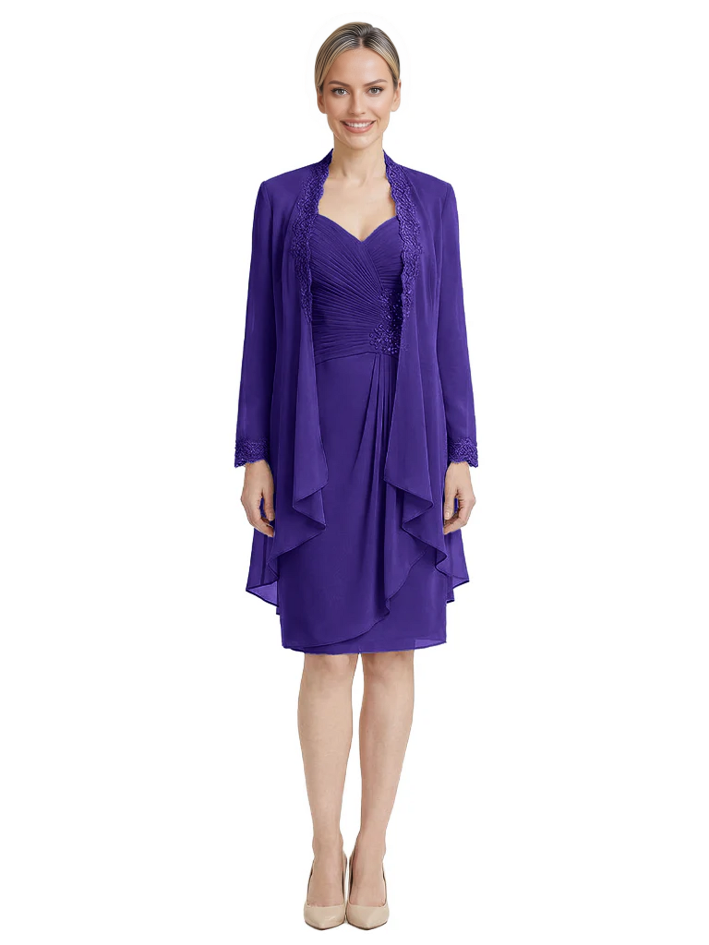 2PCS Knee Length Chiffon Mother of the Brides Dresses Short V-Neck