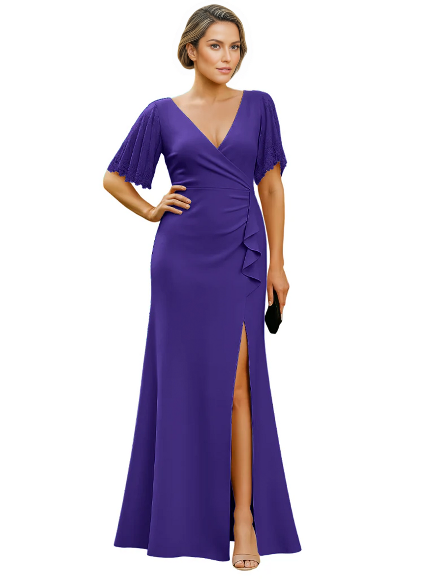 Elegant Evening Gown Trending V-Neck & Ruffle Detail Mother of Bride Outfits Slit