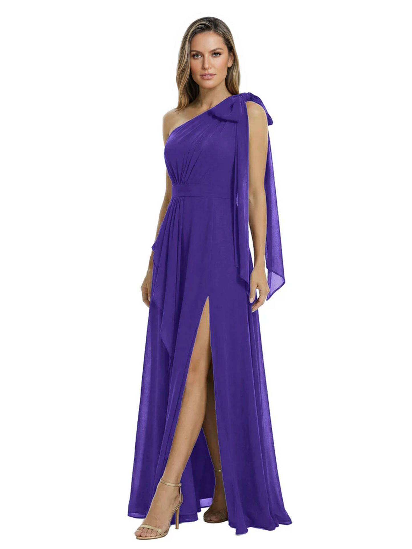 One-Shoulder Mother of the Bride Dress Chiffon Gown with Long Sash Detail