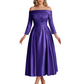 Off Shoulder Mother of the Bride Dress Tea-Length Satin Gown with Lace Applique