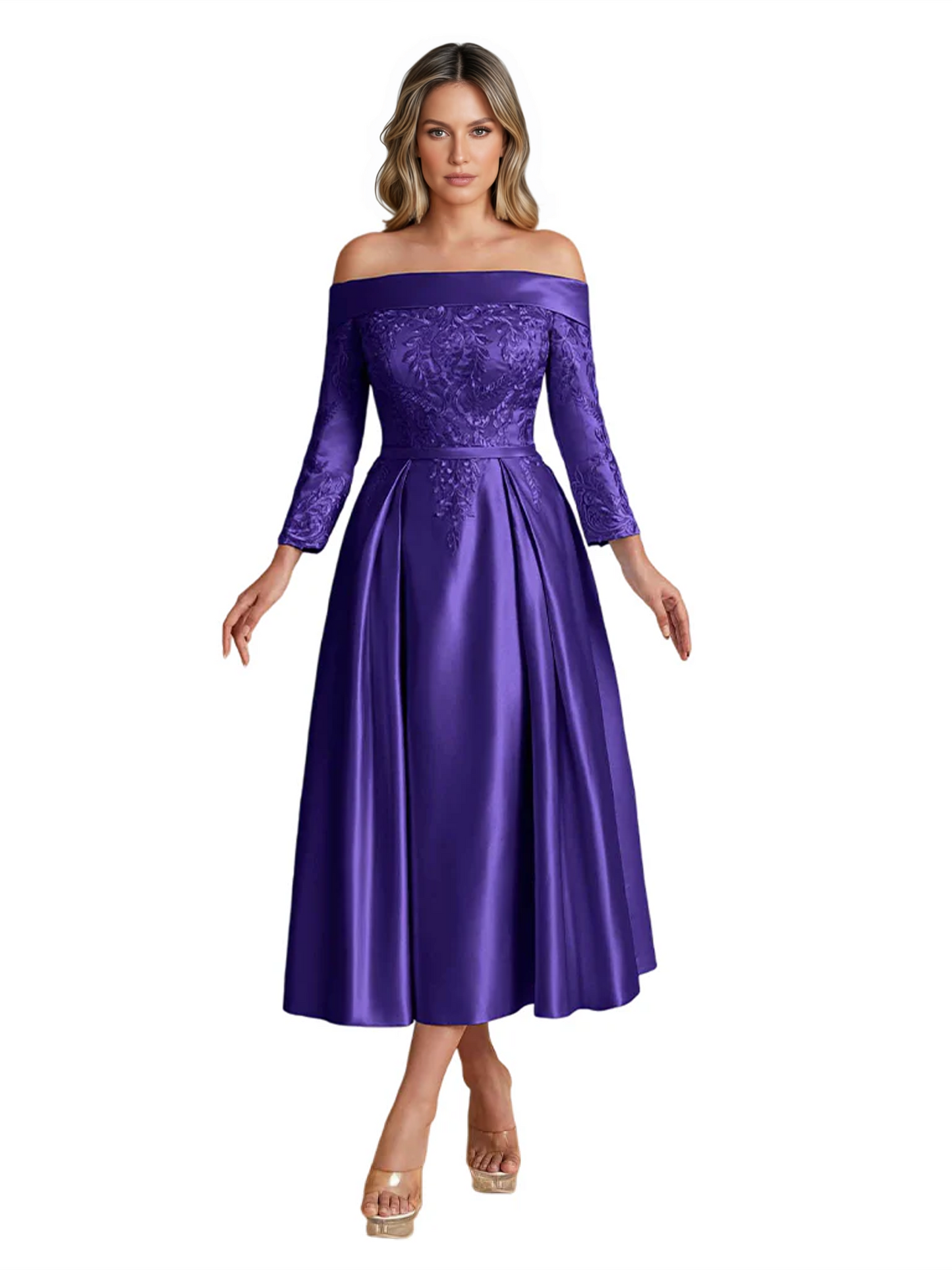 Off Shoulder Mother of the Bride Dress Tea-Length Satin Gown with Lace Applique