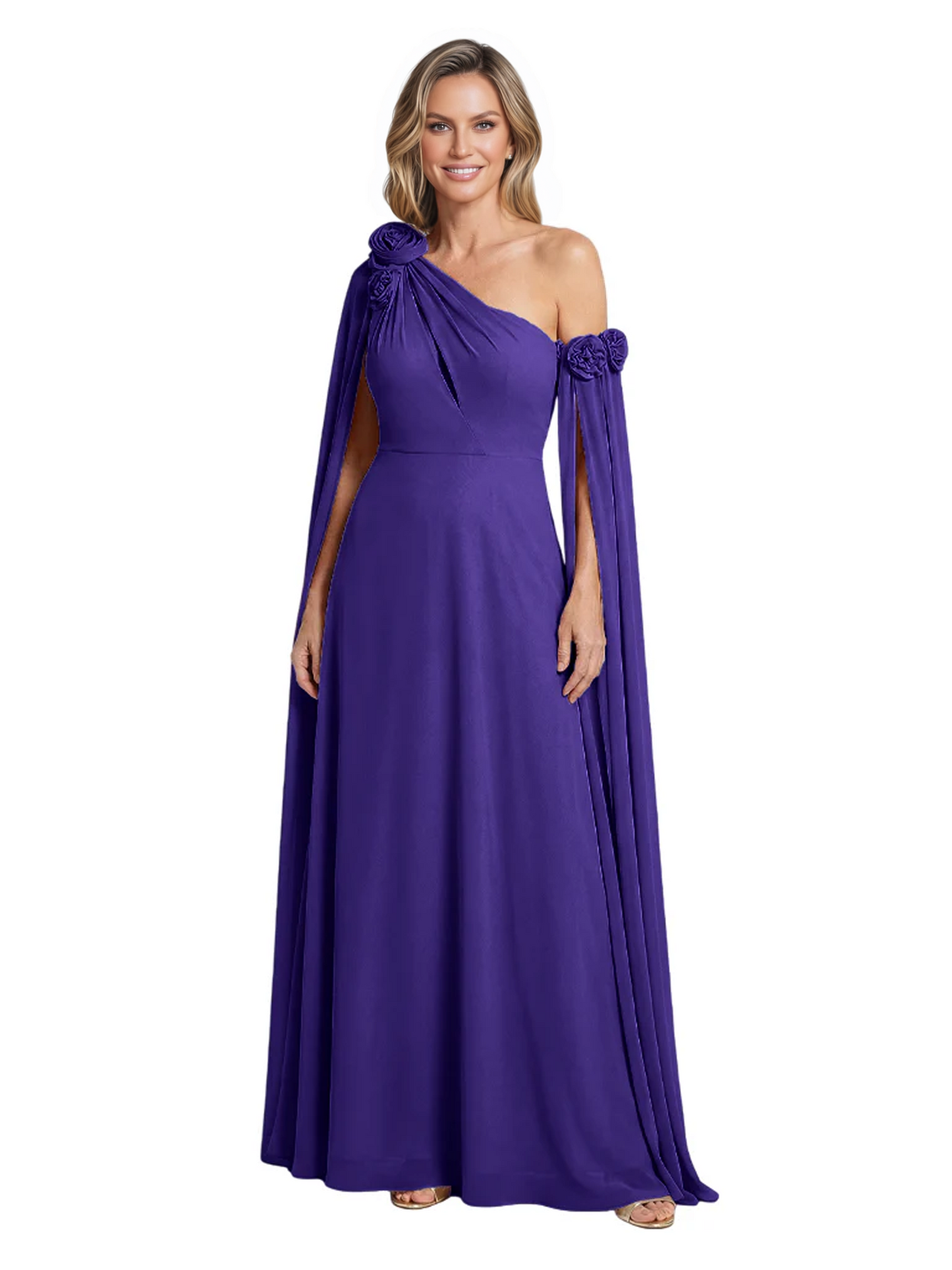 One Shoulder Mother of the Bride Dress Asymmetrical Cape Sleeve Gown with Floral