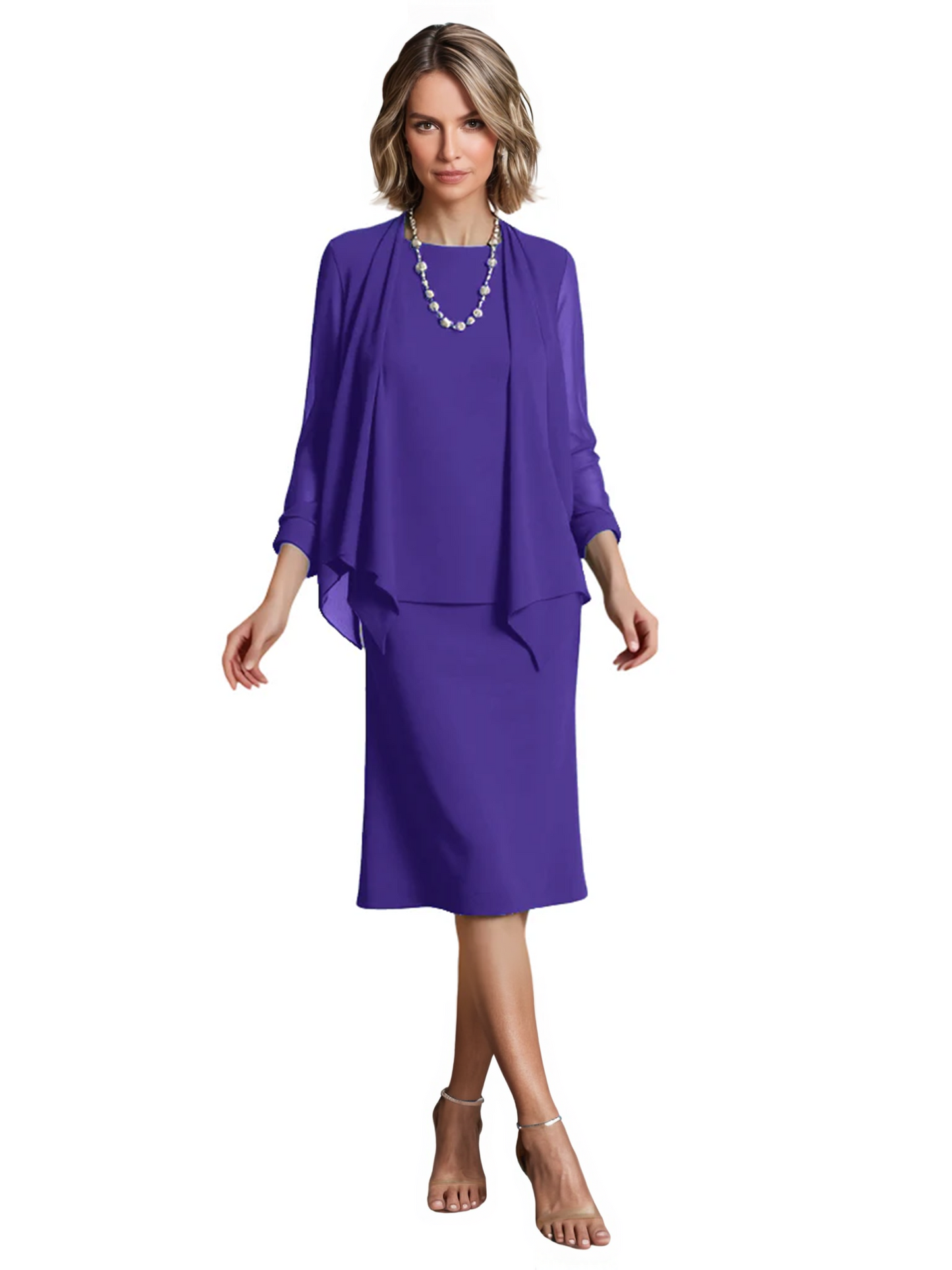 3 PCS Knee-Length Mother of Bride Dresses Prom Dress Evening Dress with Sheer Sleeves and Jacket