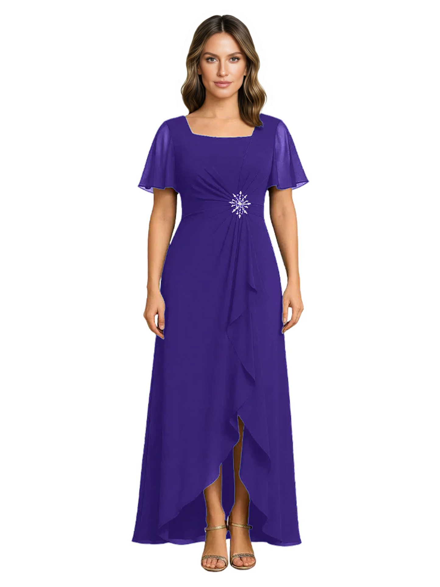 Formal High-Low Mother of the Bride Gown Sleeved Chiffon Maxi Dress Ruched Waist