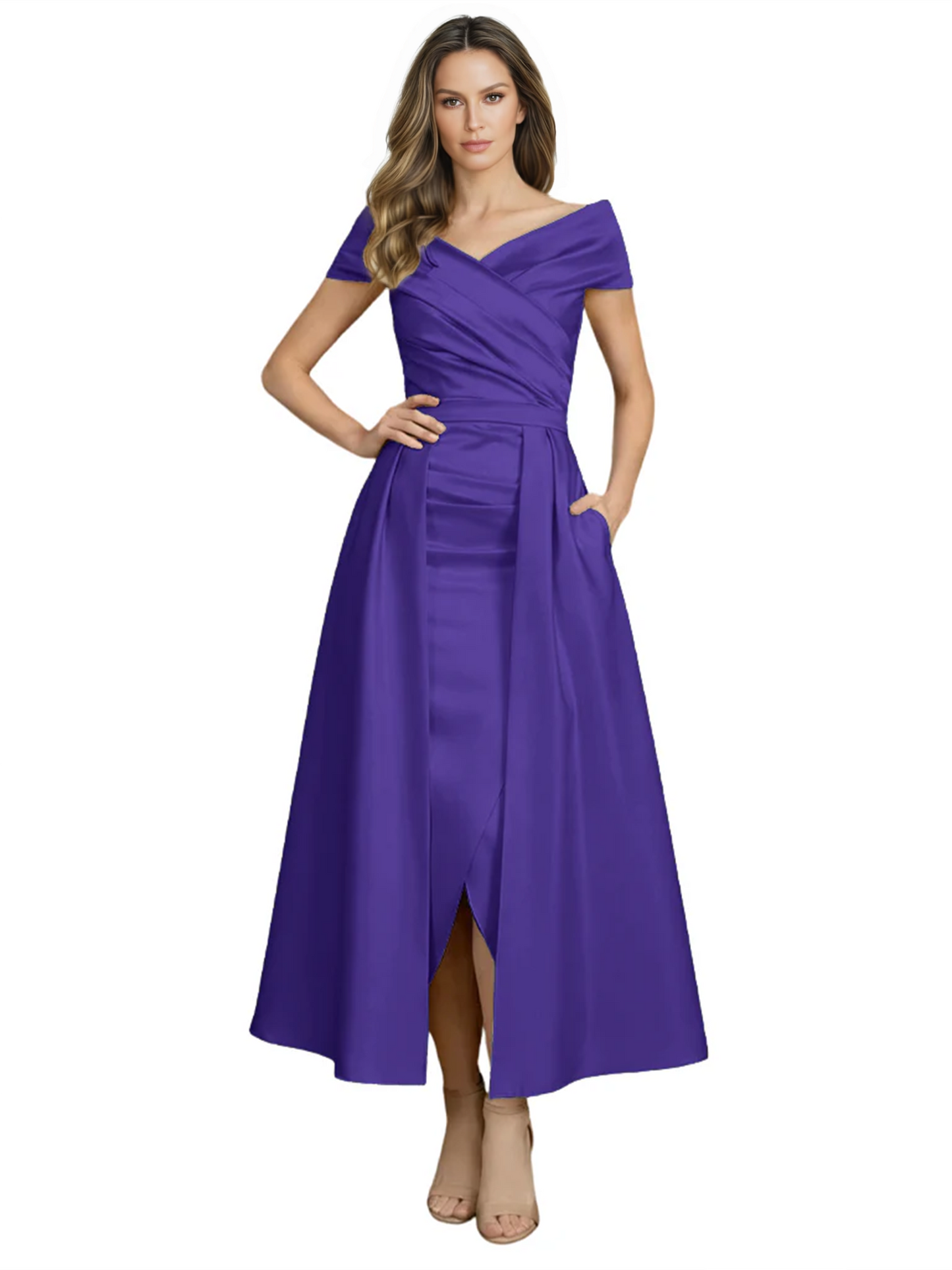 Formal Floor-Length Mother of the Bride Gown Satin Maxi Dress with Slit Off Shoulder