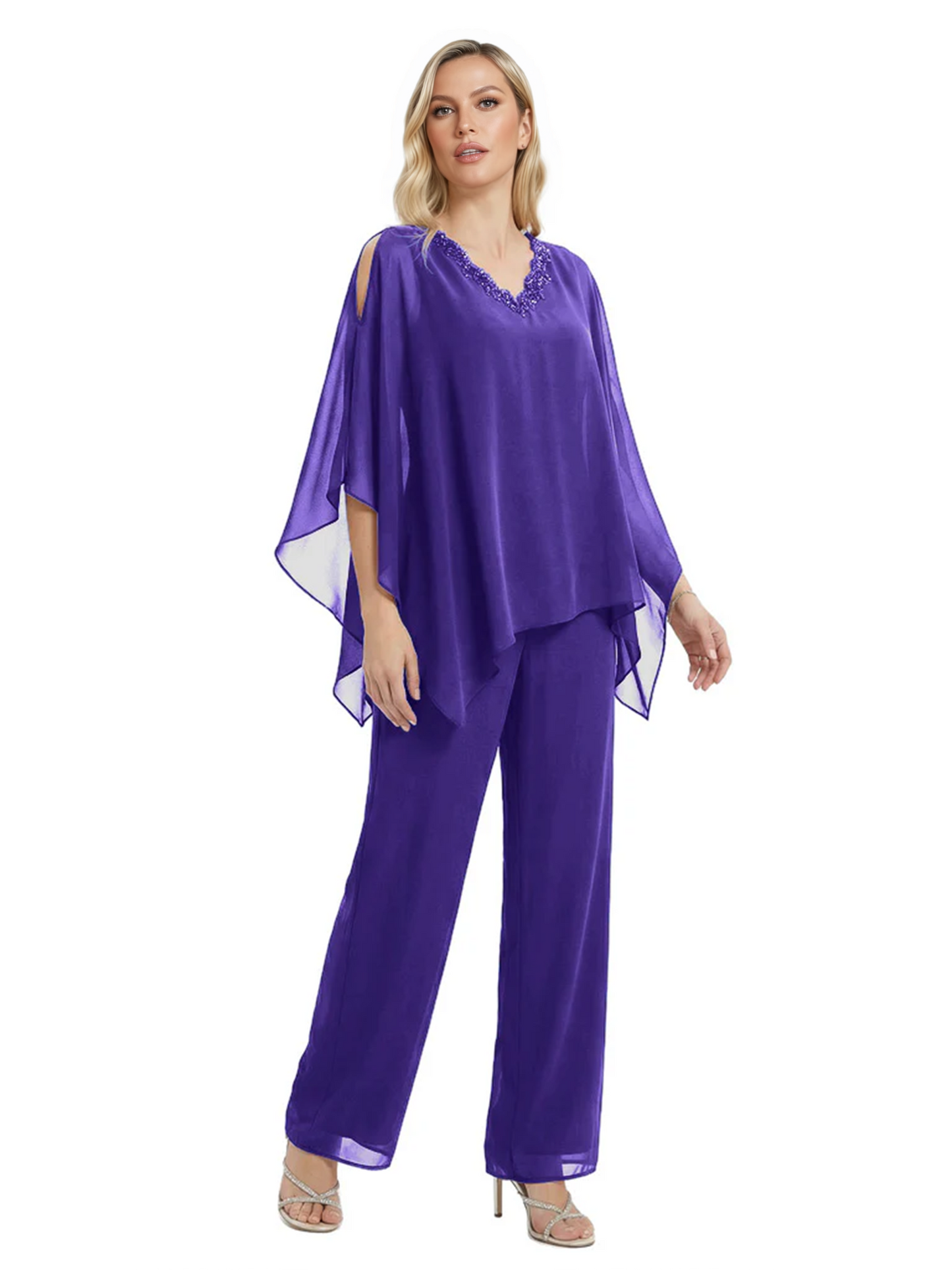 V-Neck Chiffon Mother of the Brides Dresses Plus Size Jacket Suits Wedding