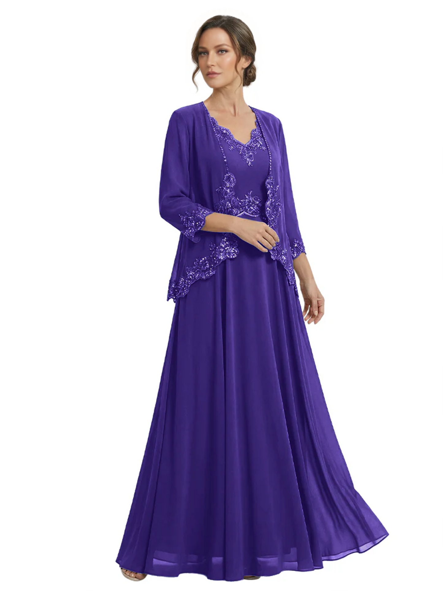 Plus Size A-line Chiffon 3/4 Sleeves Mother of the Brides Dresses Long Jacket Dress