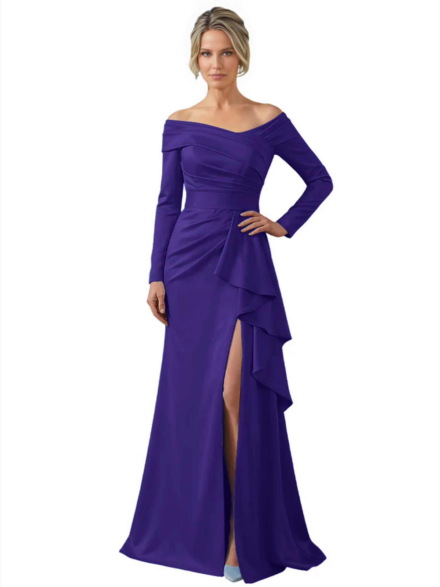 Elegant Mother of the Groom Dress Cascading Ruffle Satin Gown with High Slit Long Sleeves