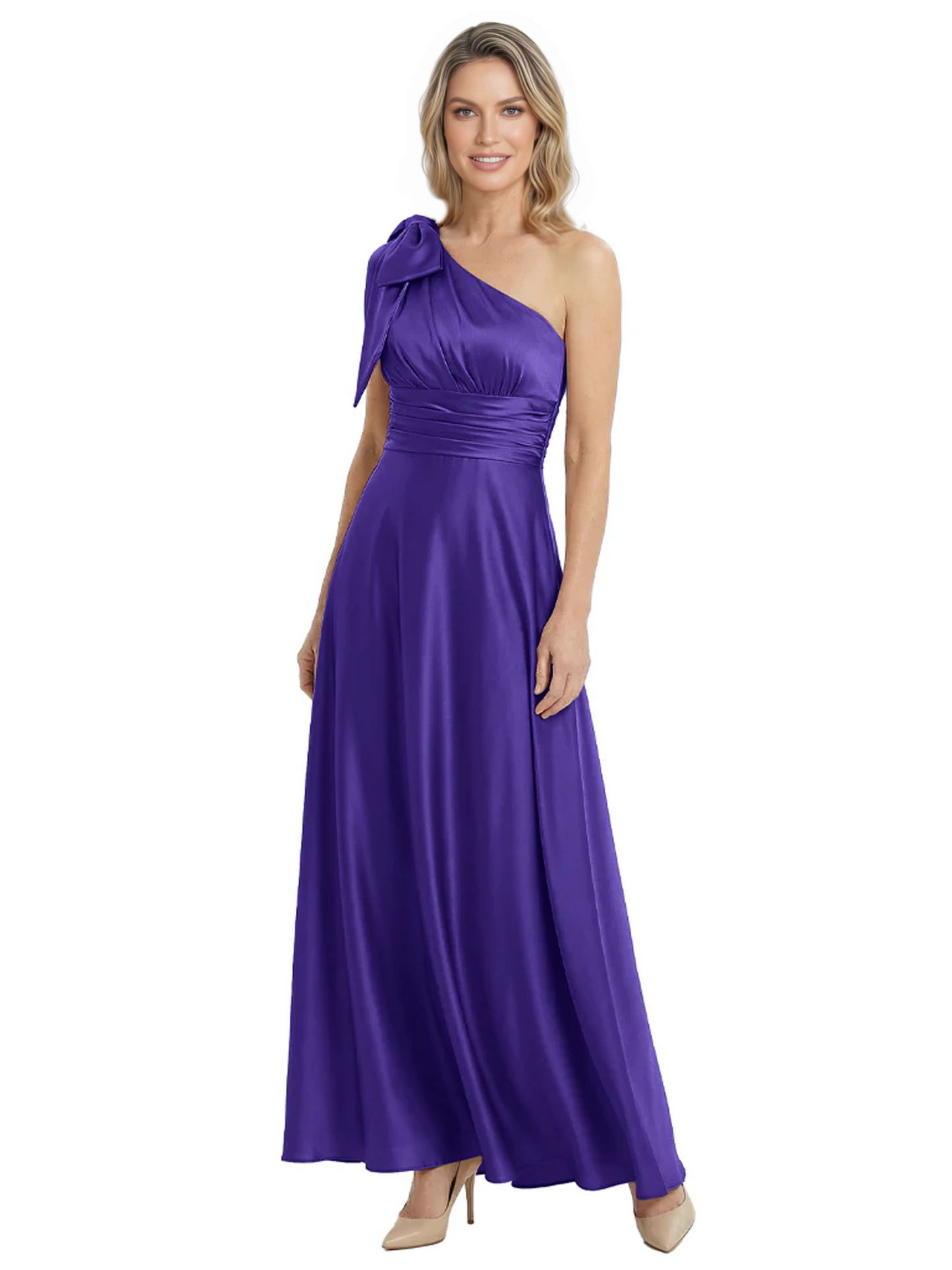 One-Shoulder Mother of the Bride Dress Satin Gown with Bow Ruched Empire Waist