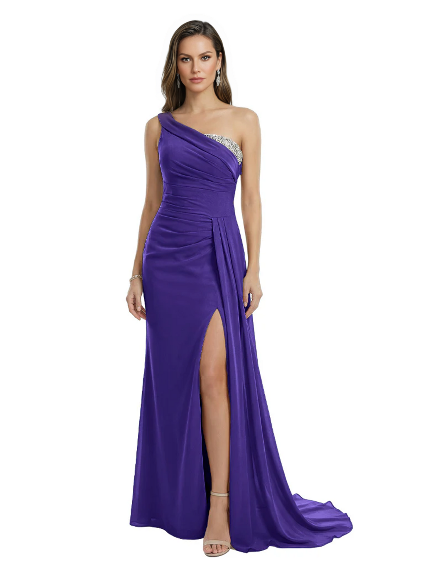 One Shoulder Mother of Bride Dress Ruffle Formal Gowns Mermaid Floor Length Train Slit