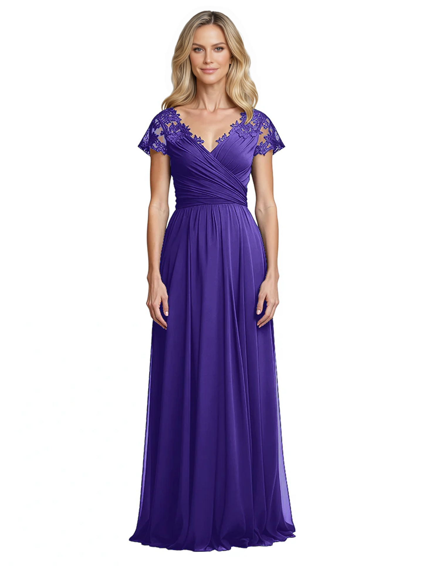 Mother of the Bride Dress Cap Sleeves and V-Neckline with Embroidered Lace Shoulders