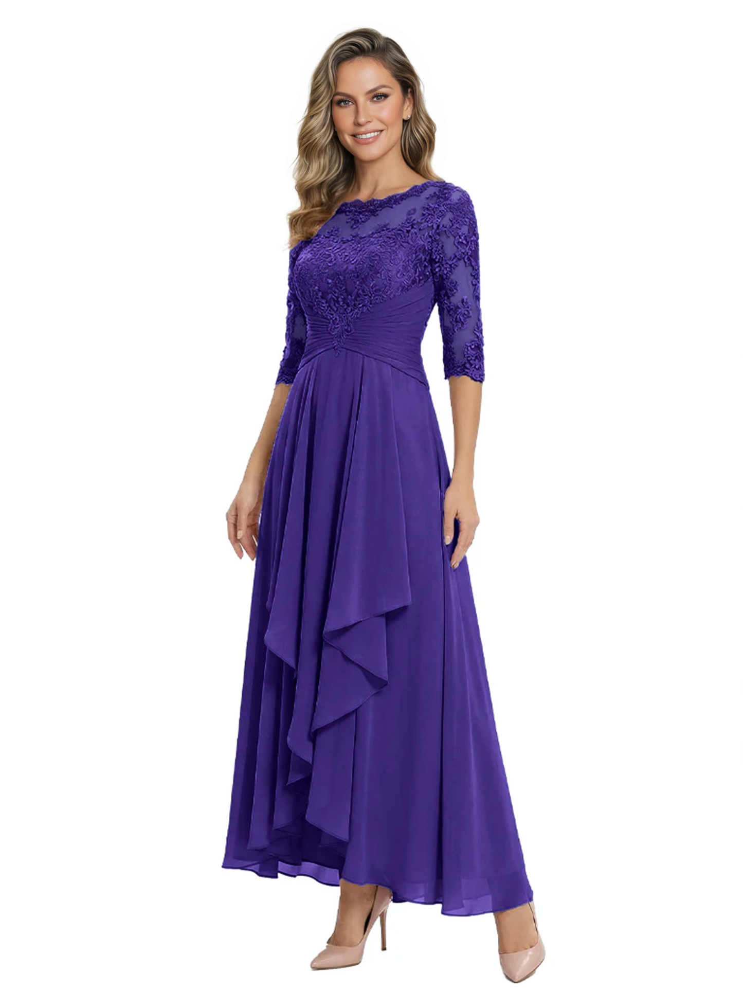 3/4 Sleeve Mother of the Bride Dress with Lace Embroidery High-Low Hem 2026
