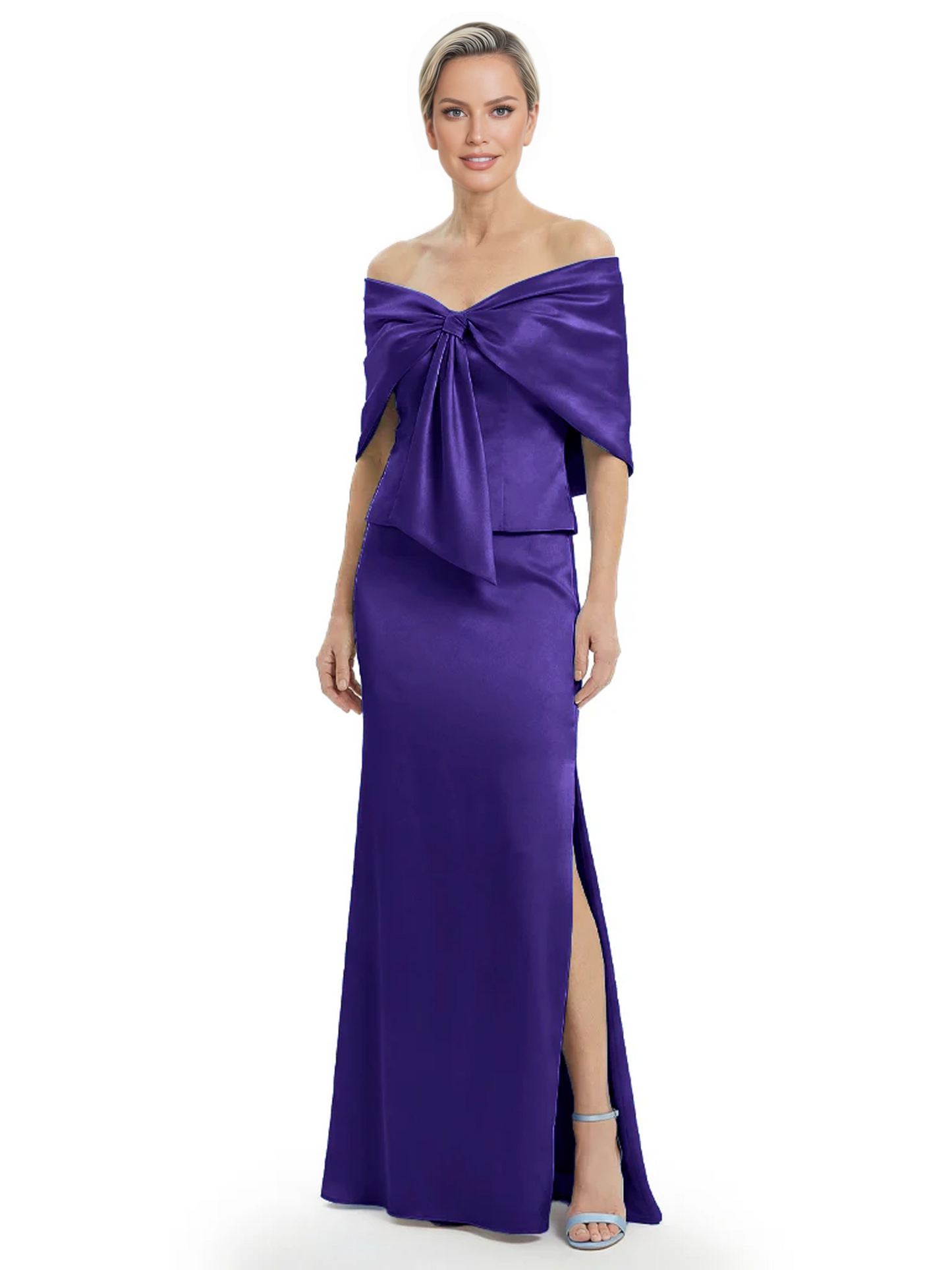 Formal Floor-Length Mother of the Bride Gown Satin Maxi Dress with Bow Neckline