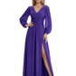 A-Line Mother of Bride Dress V-Neck Chiffon Gown Long Sleeves Slit Formal Dress