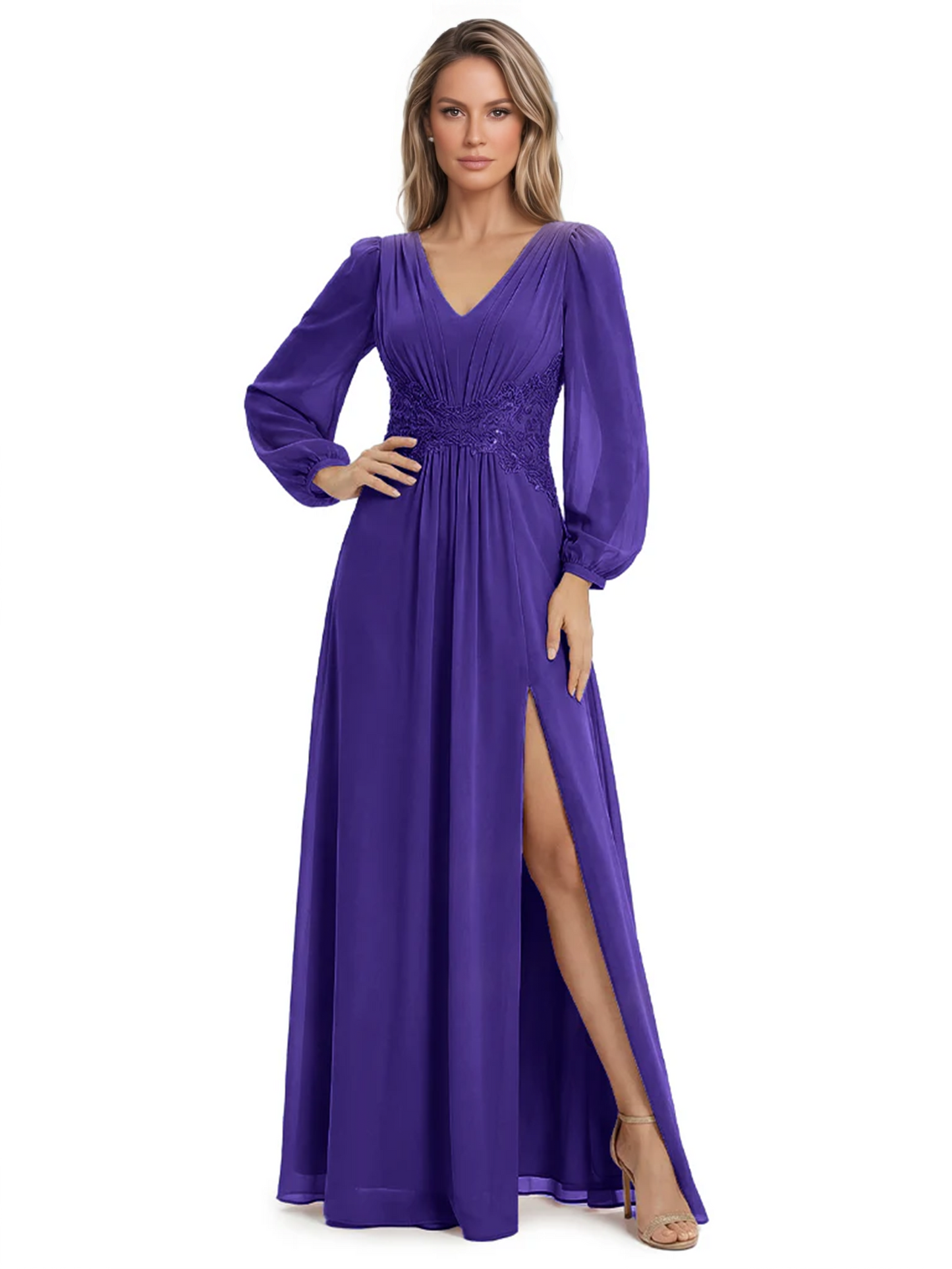 A-Line Mother of Bride Dress V-Neck Chiffon Gown Long Sleeves Slit Formal Dress