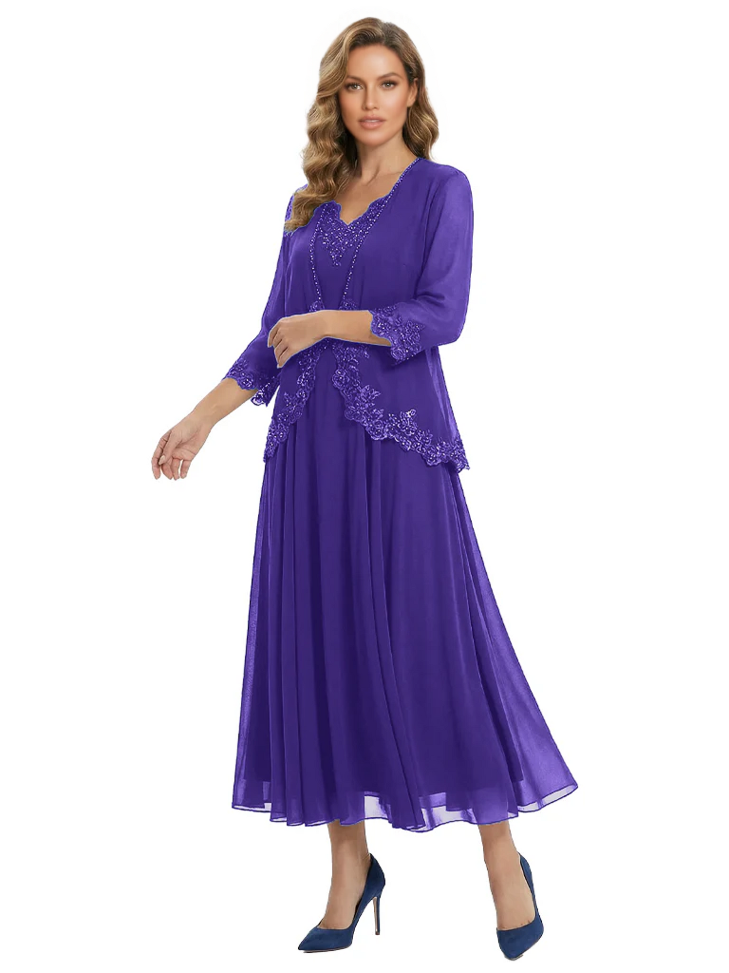 3/4 Sleeve Chiffon Mother of the Brides Dresses V-Neck Wedding Party Gowns