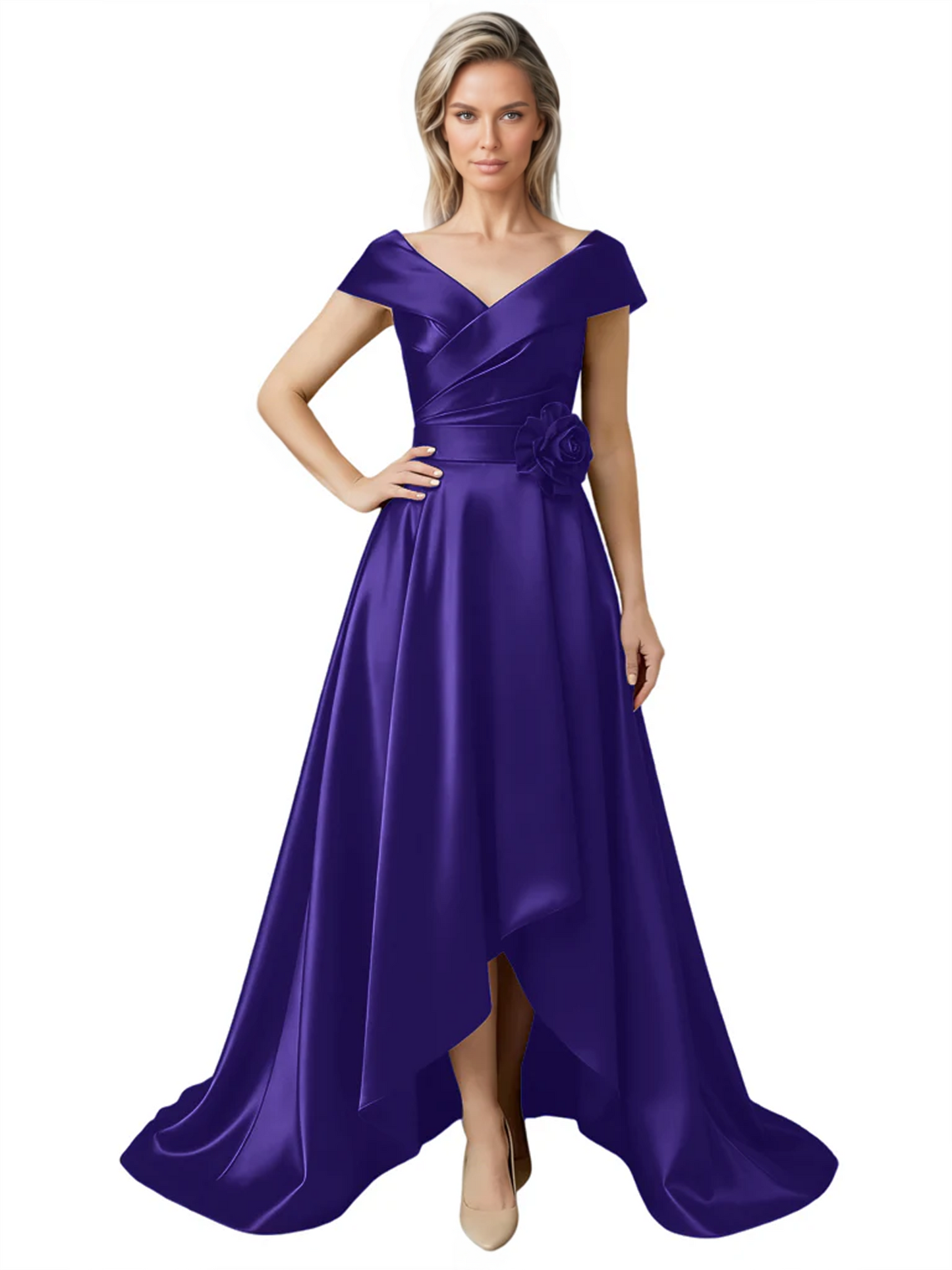 Off Shoulder Mother of the Bride Dress High-Low Satin Gown with Portrait Neckline