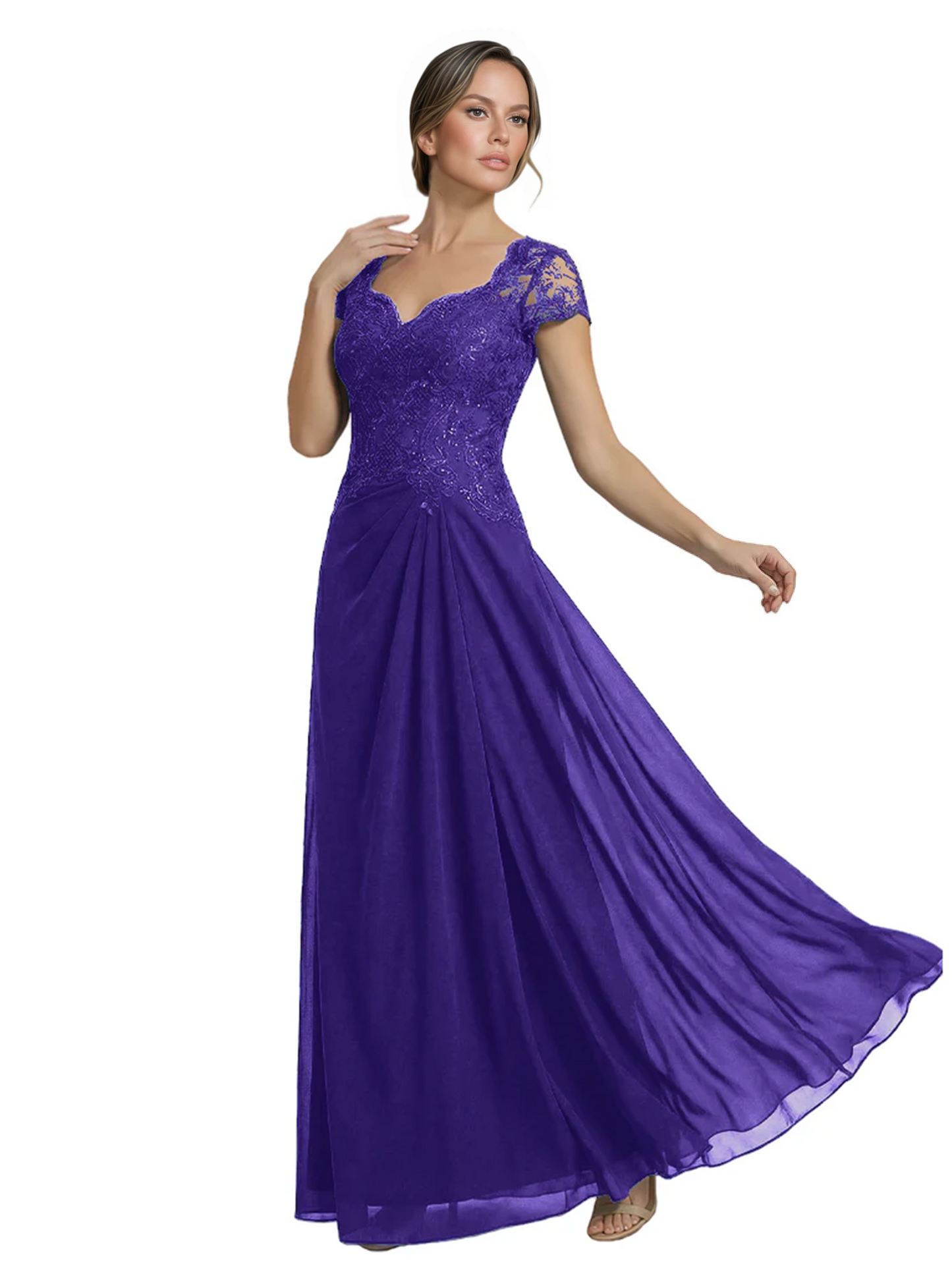 Long A-line Chiffon Short Sleeves Mother of the Brides Dresses Lace Wedding