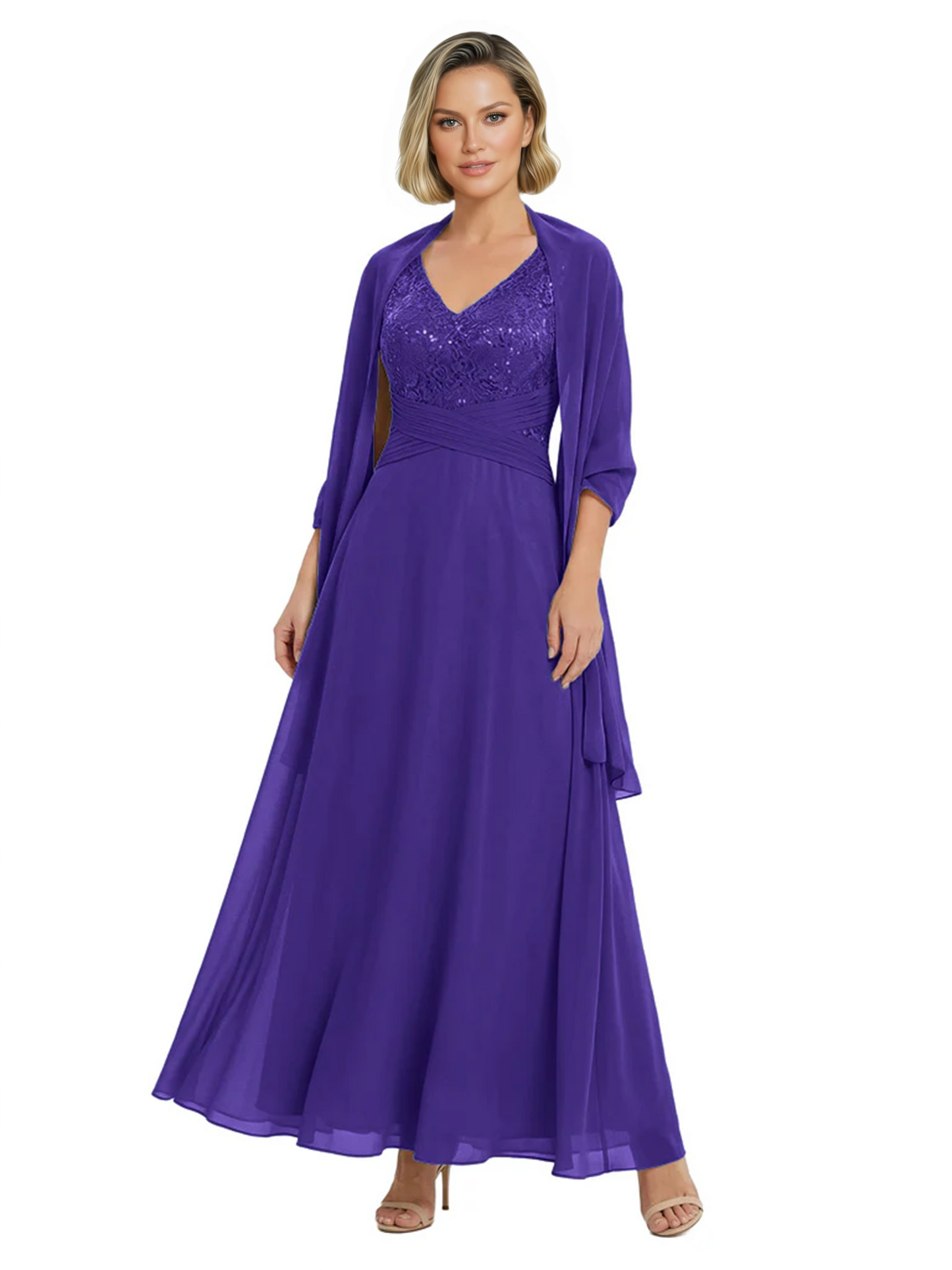 Luxury Formal Mother of Bride Dress Sparkling Sequin Top & Flowy Chiffon Skirt with Shawl