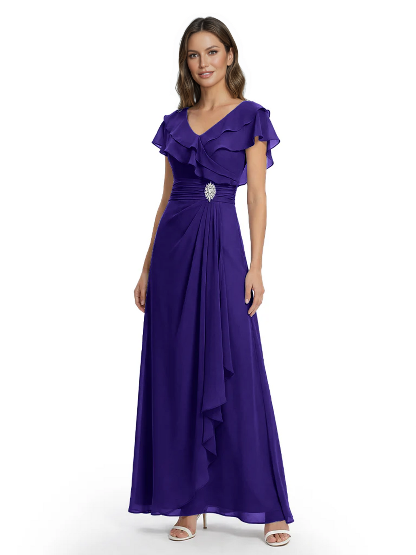 Elegant Mother of the Groom Dress Cascading Ruffle Chiffon Formal Gown Rhinestone