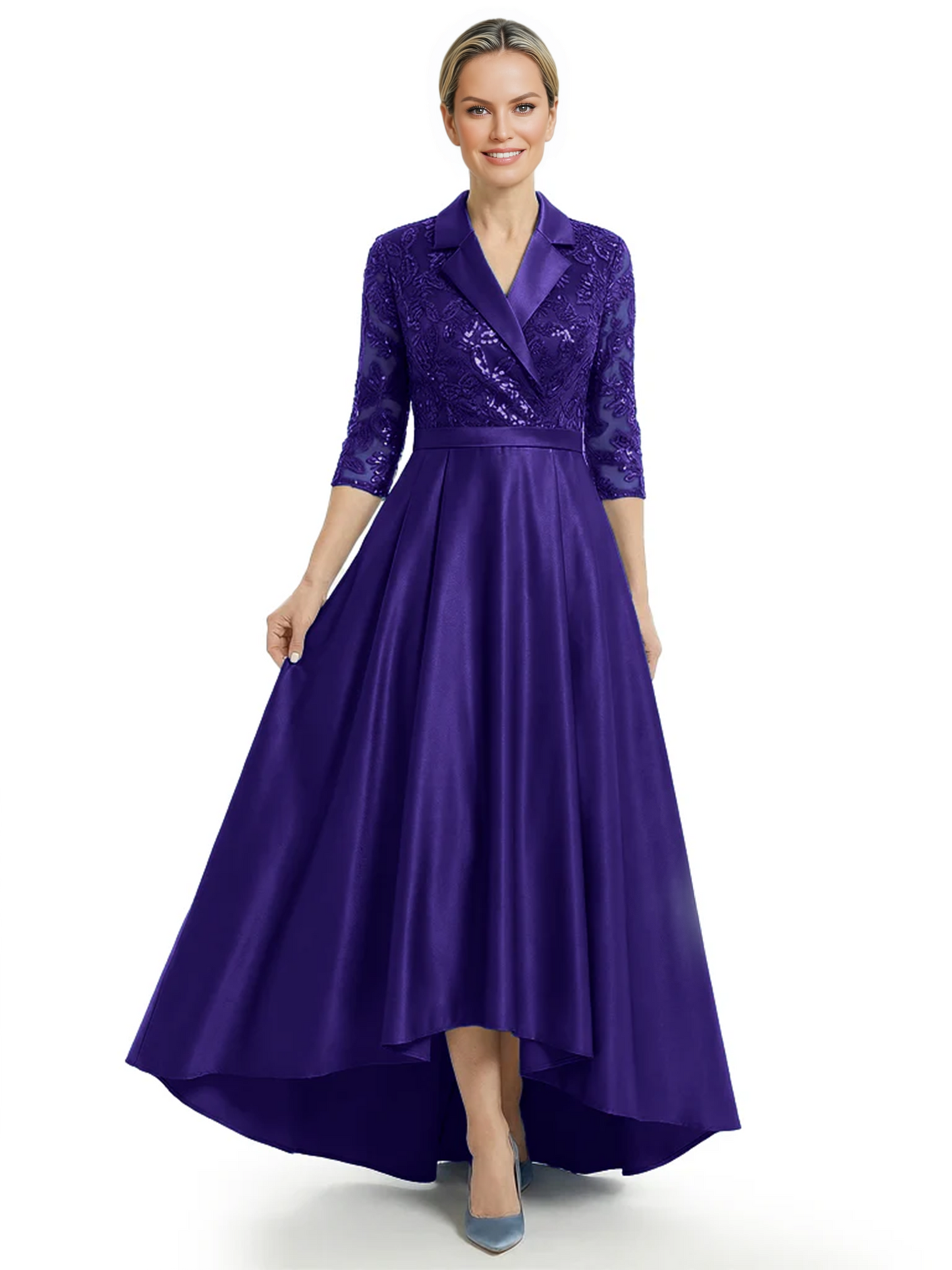 Elegant Mother of Bride Dress Evening Gowns Trending Styles with Lapel Collar 3/4 Sleeves