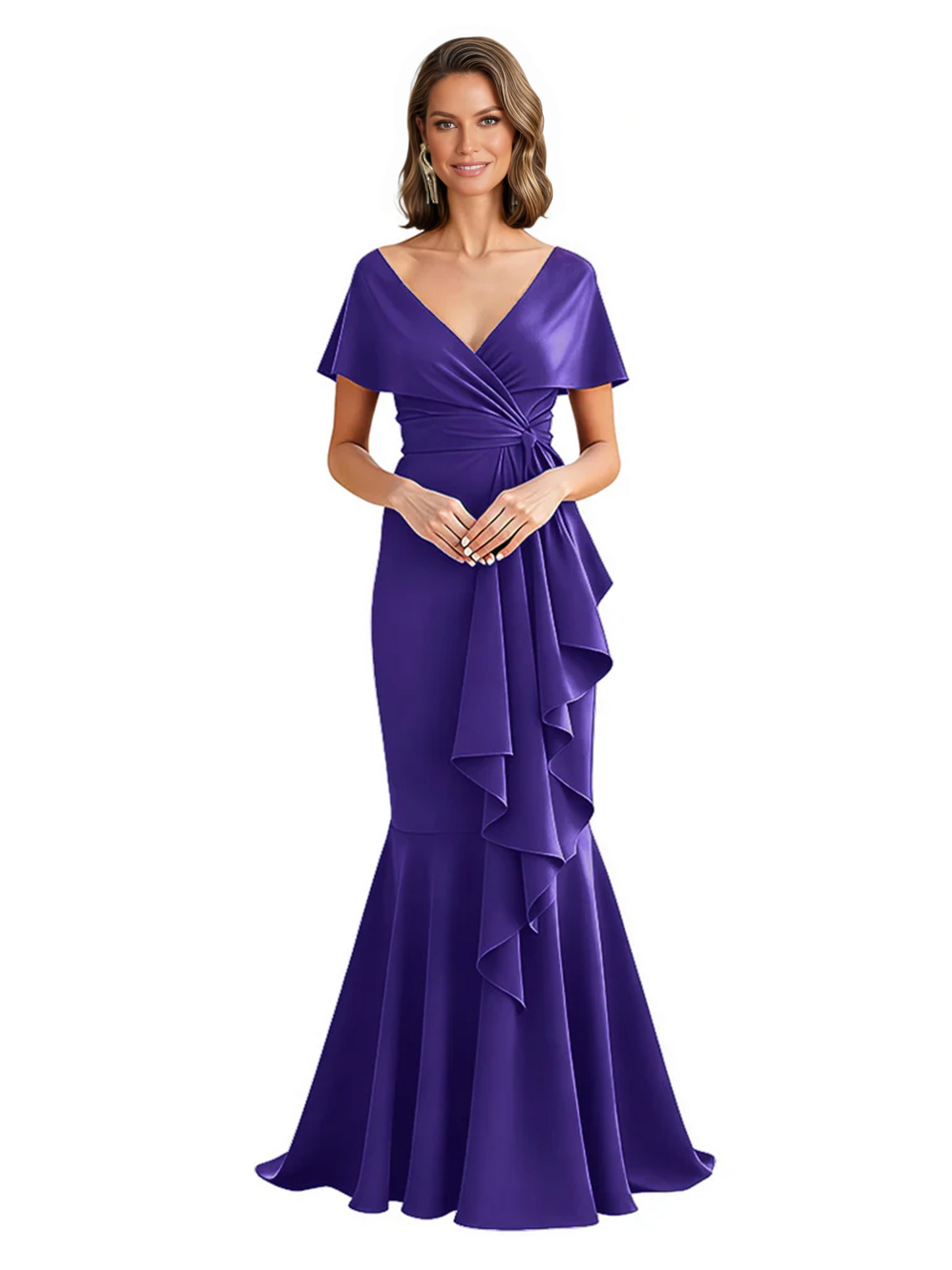 Satin Mother of the Bride Dress with Cascading Ruffles and Mermaid Tail V-Neck
