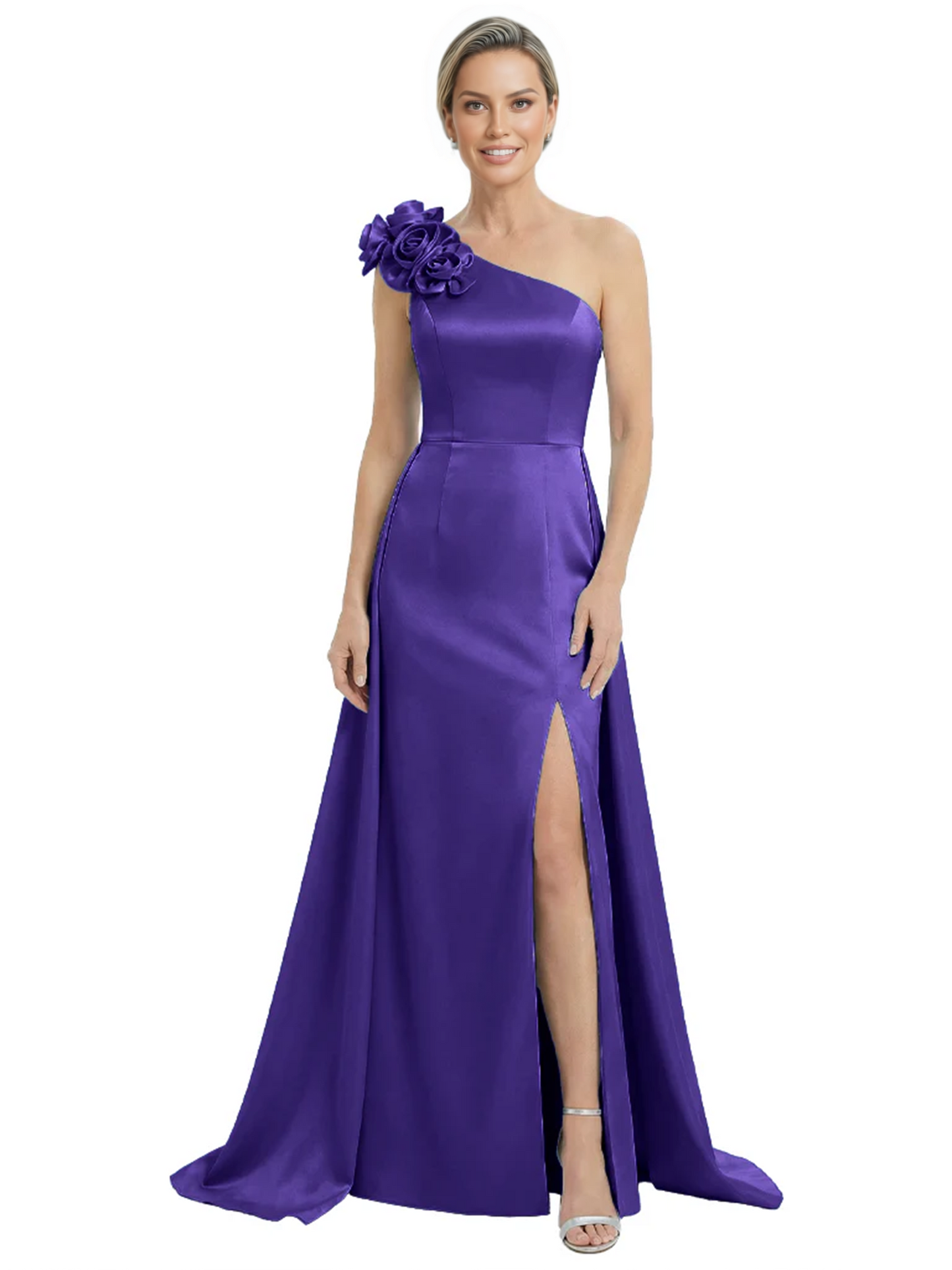 One Shoulder Mother of the Bride Dress with 3D Floral Detail Formal Dress A-Line Gowns with Slit