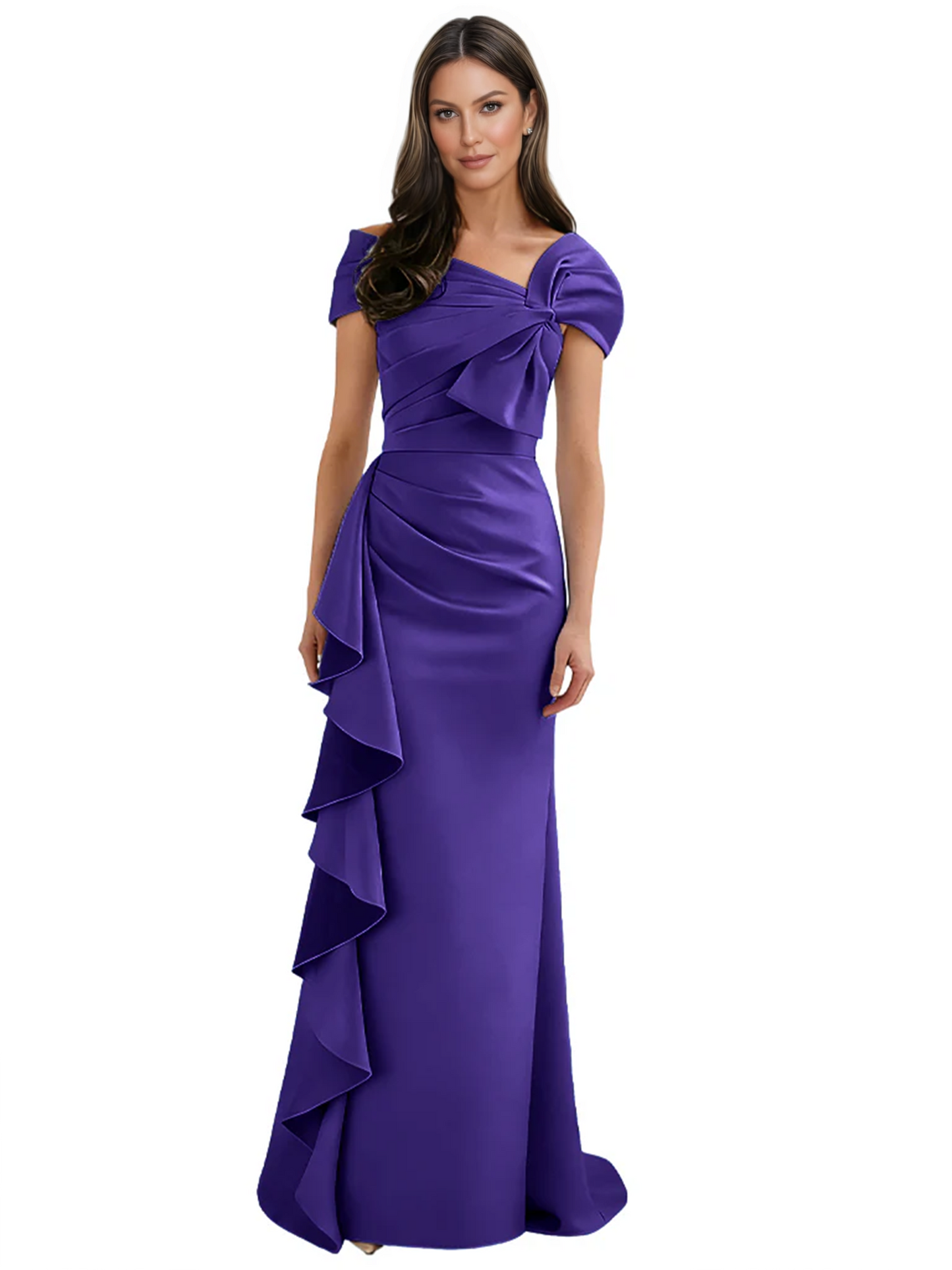 Elegant Mother of Bride Dress Formal Gowns Mermaid Ruffle Floor Length Asymmetric Neckline