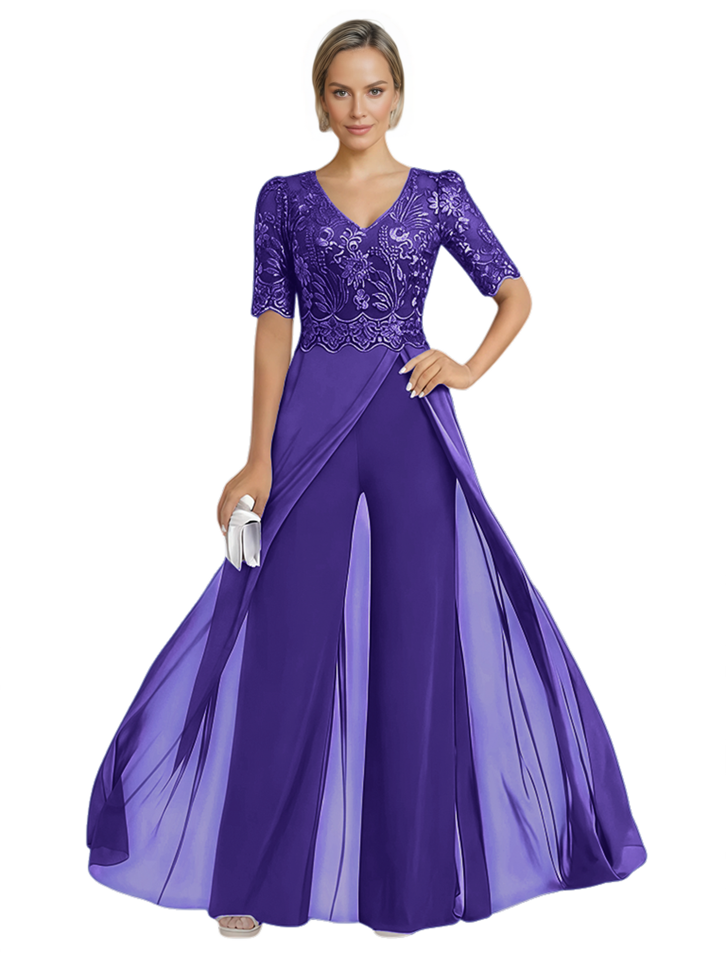 V-Neck Chiffon Mother of the Brides Jumpsuits Dresses Floor Length A-Line Lace